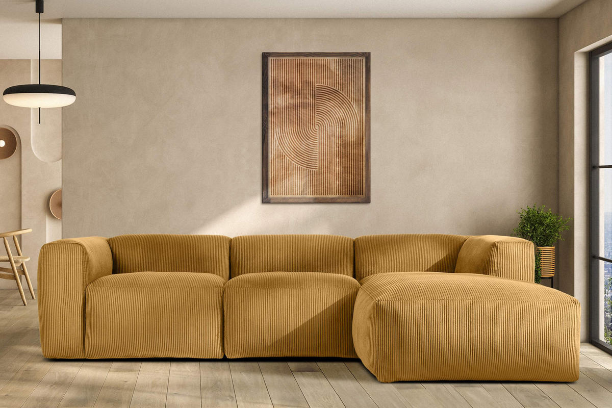 ECKMODULSOFA-RECHTS BUFFO mit extrem weicher und bequemer Sitzfläche, Kordstoff, gelb - Gelb, Textil (297/180cm) - KONSIMO®