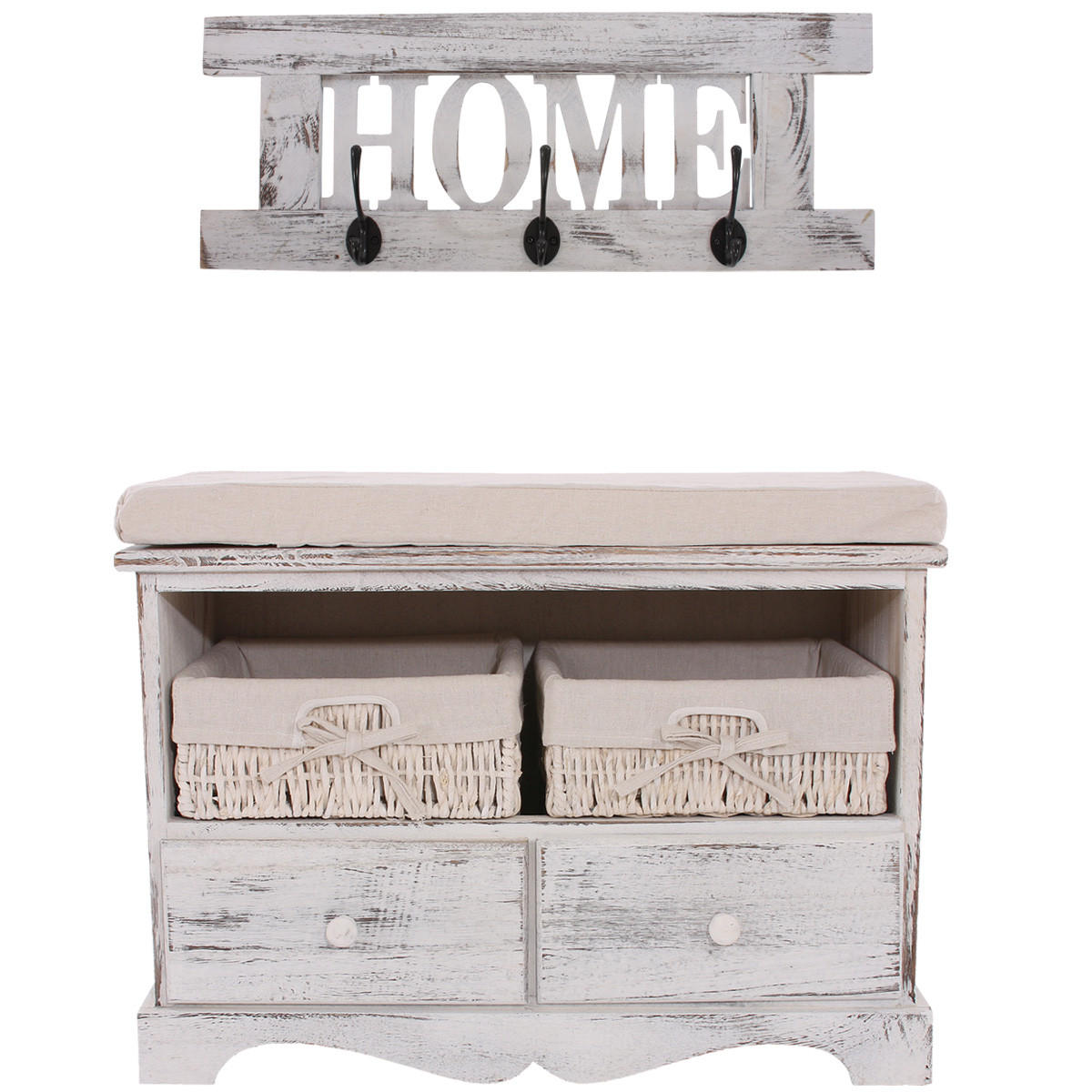 GARDEROBE MIT SITZBANK SHABBY Weiß 2er-Set - Weiß, Holz (62/42/33cm) - MCW