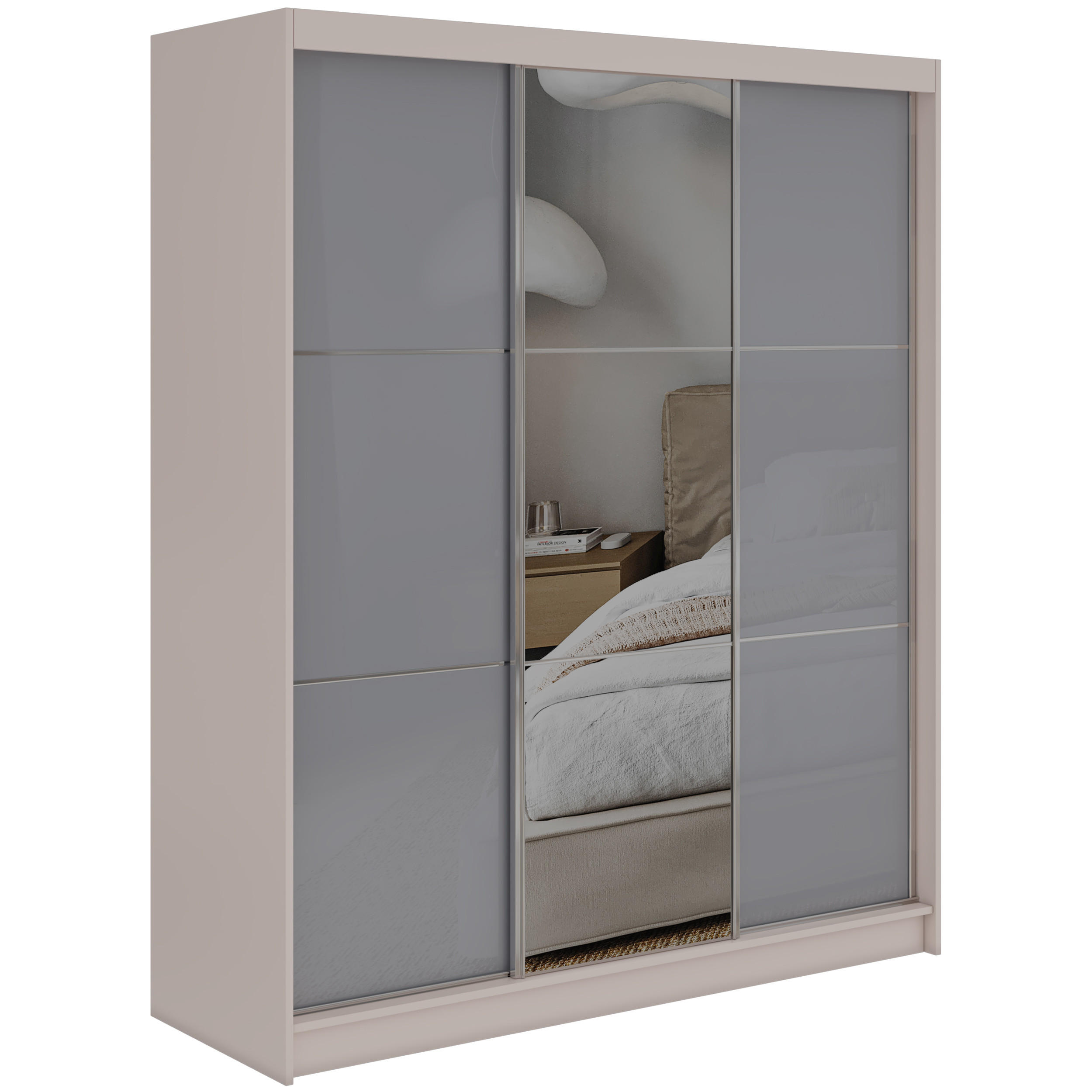 SCHWEBETÜRENSCHRANK mit Spiegel und Schubladen - WALENCJA - 180 - Kaschmir-Grau lacobel - Kaschmir/Alufarben, Holzwerkstoff/Metall (180/216/61cm) - MKS
