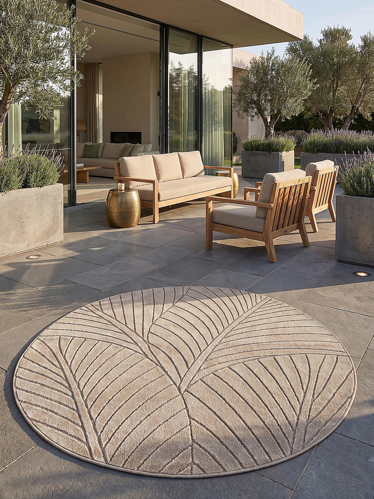 TEPPICH Outdoor, Fußbodenheizung-geeignet, mit Blattmotiv, ENGADIN in Beige, Ø 200 cm - Beige, Textil (200/200cm) - KADIMA DESIGN