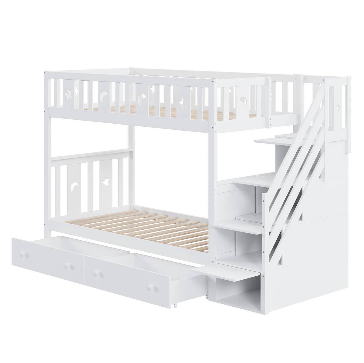 POSCHODOVÁ posteľ 90/200 cm biela s úložnými schodmi a 2 zásuvkami z borovicového dreva a MDF - biela, drevo (90/200cm) - OKWISH