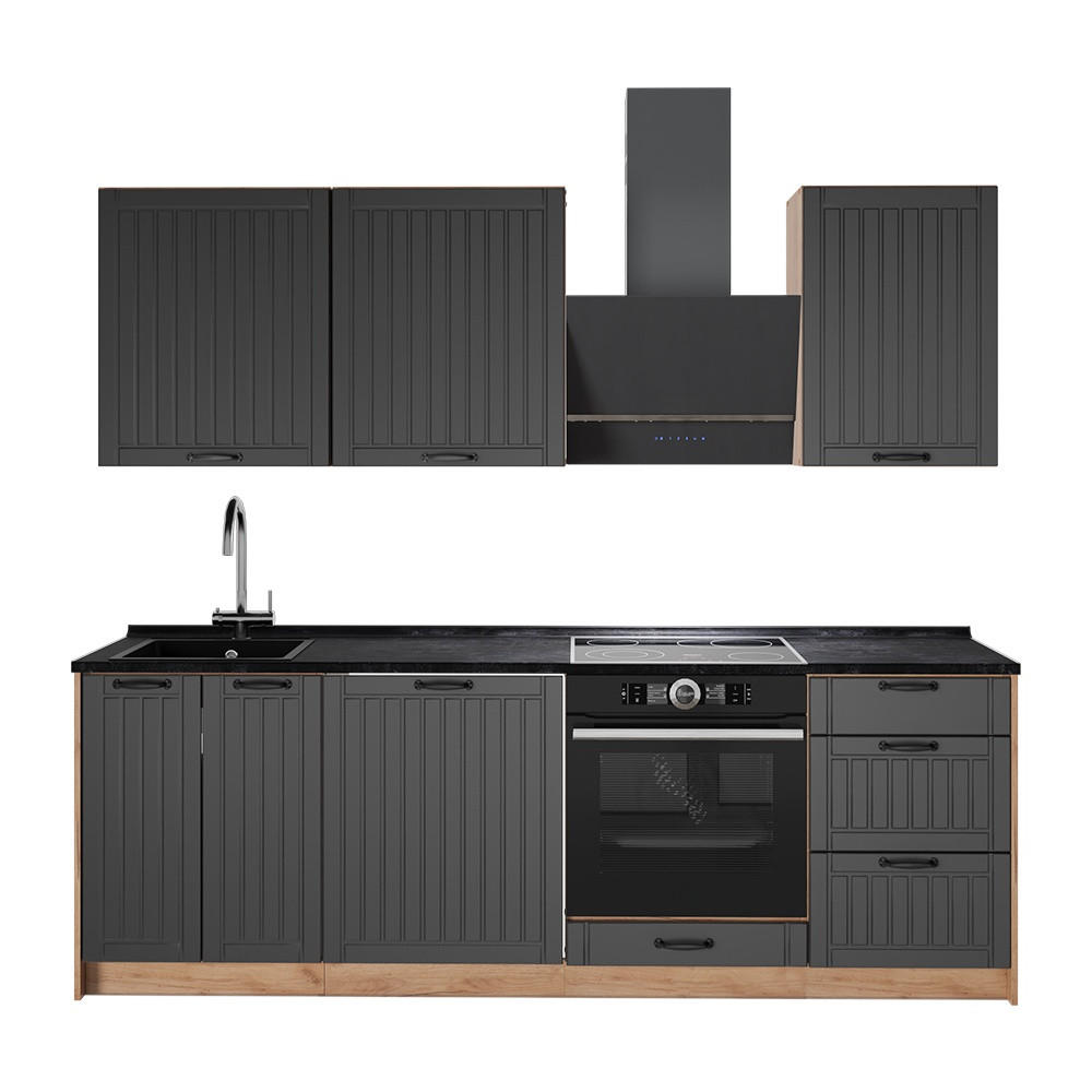 KÜCHENZEILE Fame-Line, Dunkelgrau/Goldkraft Eiche, 230 cm ohne Arbeitsplatte - Dunkelgrau/Eichefarben, Holzwerkstoff (230/206.8/51.6cm) - Vicco