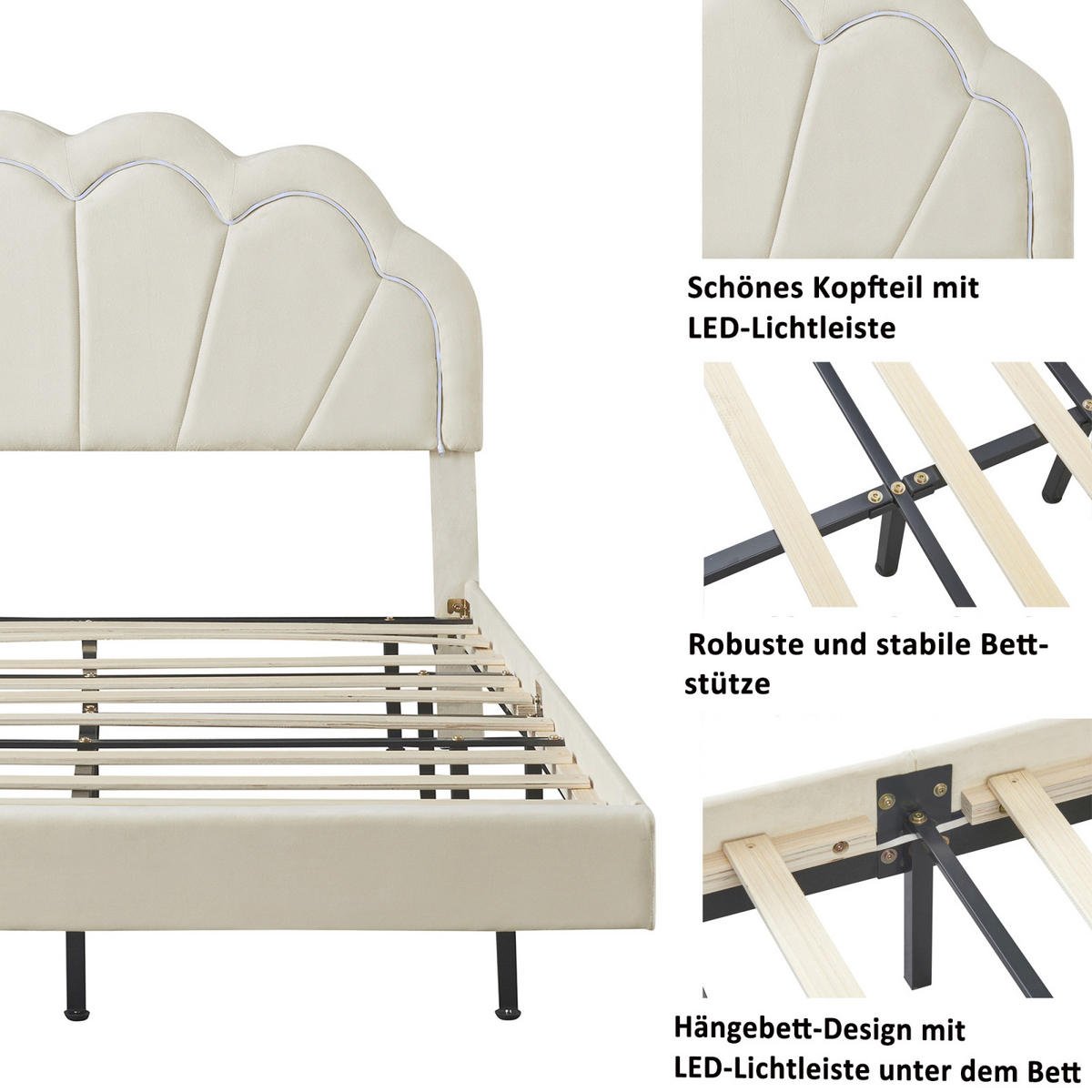 POLSTERBETT 140x200cm mit LED Wolkenform-Kopfteil und Lattenrost, Beige - Beige, Holz (140/200cm)