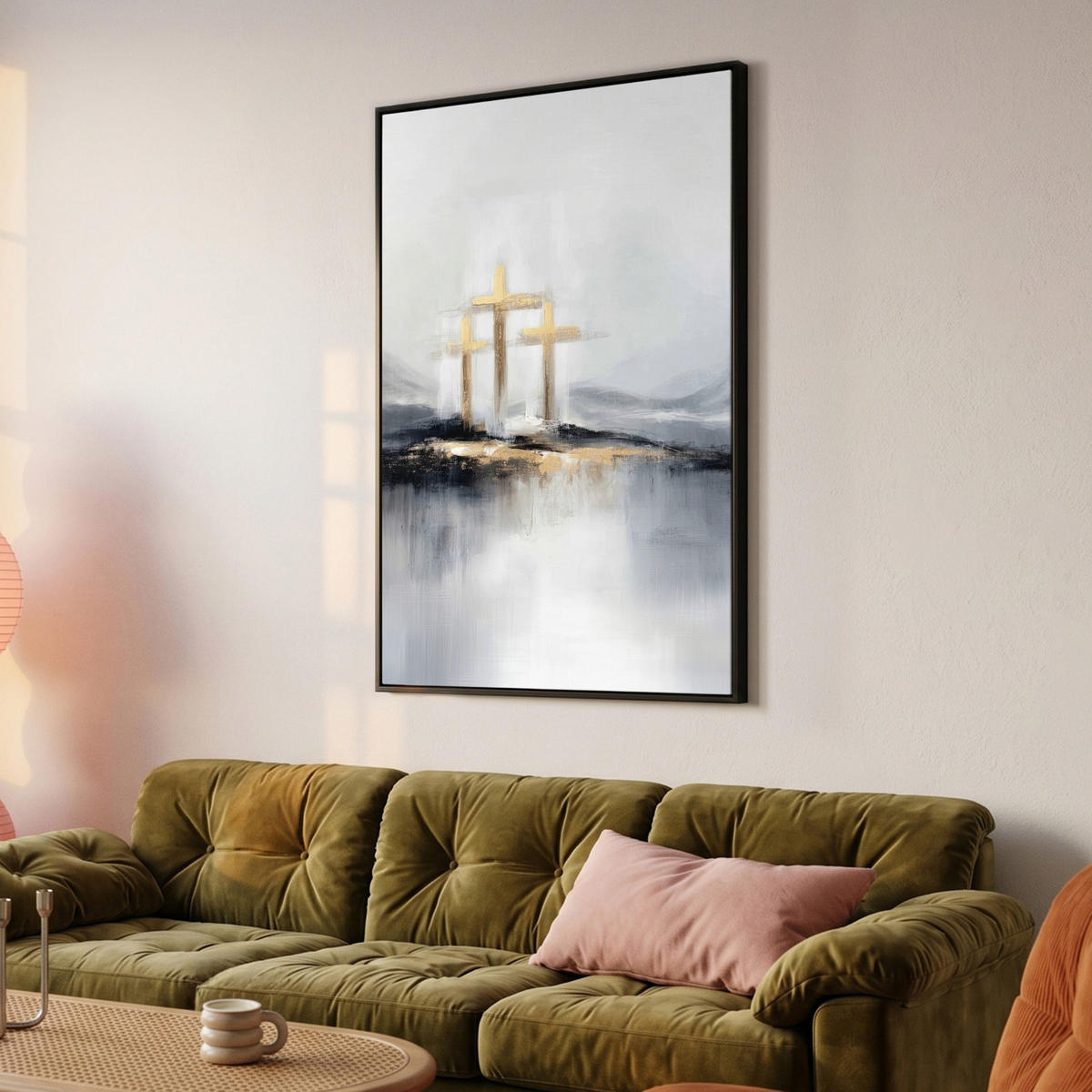 LEINWAND Bilder mit Rahmen - Abstrakt - Malerei - Christentum - Kreuz - 90x140 - Weiß, Textil (90/140cm) - MuchoWow