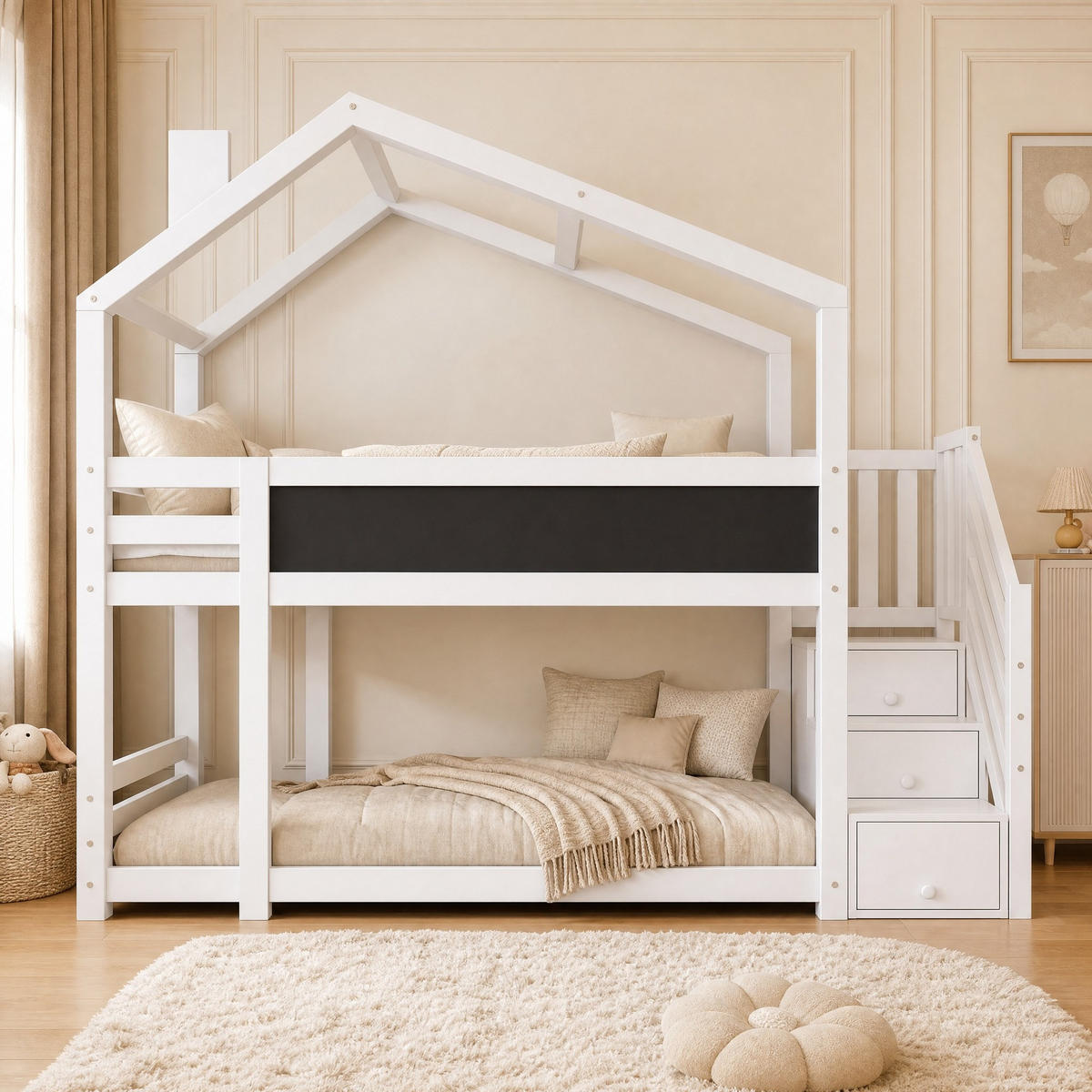ETAGENBETT 90/200 mit Tafel, Stauraumtreppe und Rausfallschutz in Weiß - Weiß, Holz (90/200cm) - EVRYAE
