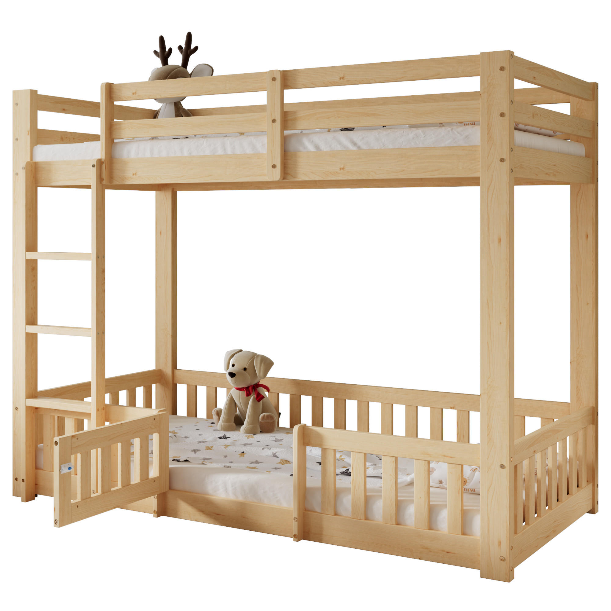 ETAGENBETT 90/200 cm natur aus Kiefer mit rechtwinkliger Treppe - Naturfarben, Holz (90/200cm) - OKWISH