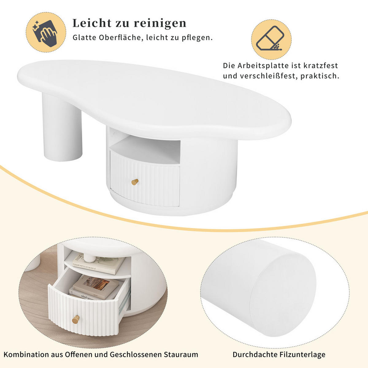 COUCHTISCH 110x60cm Wolkenform Unregelmäßig Kreativ MDF 1 Schublade - Weiß, Holz (118.75/73.15/13.97cm) - FLIEKS