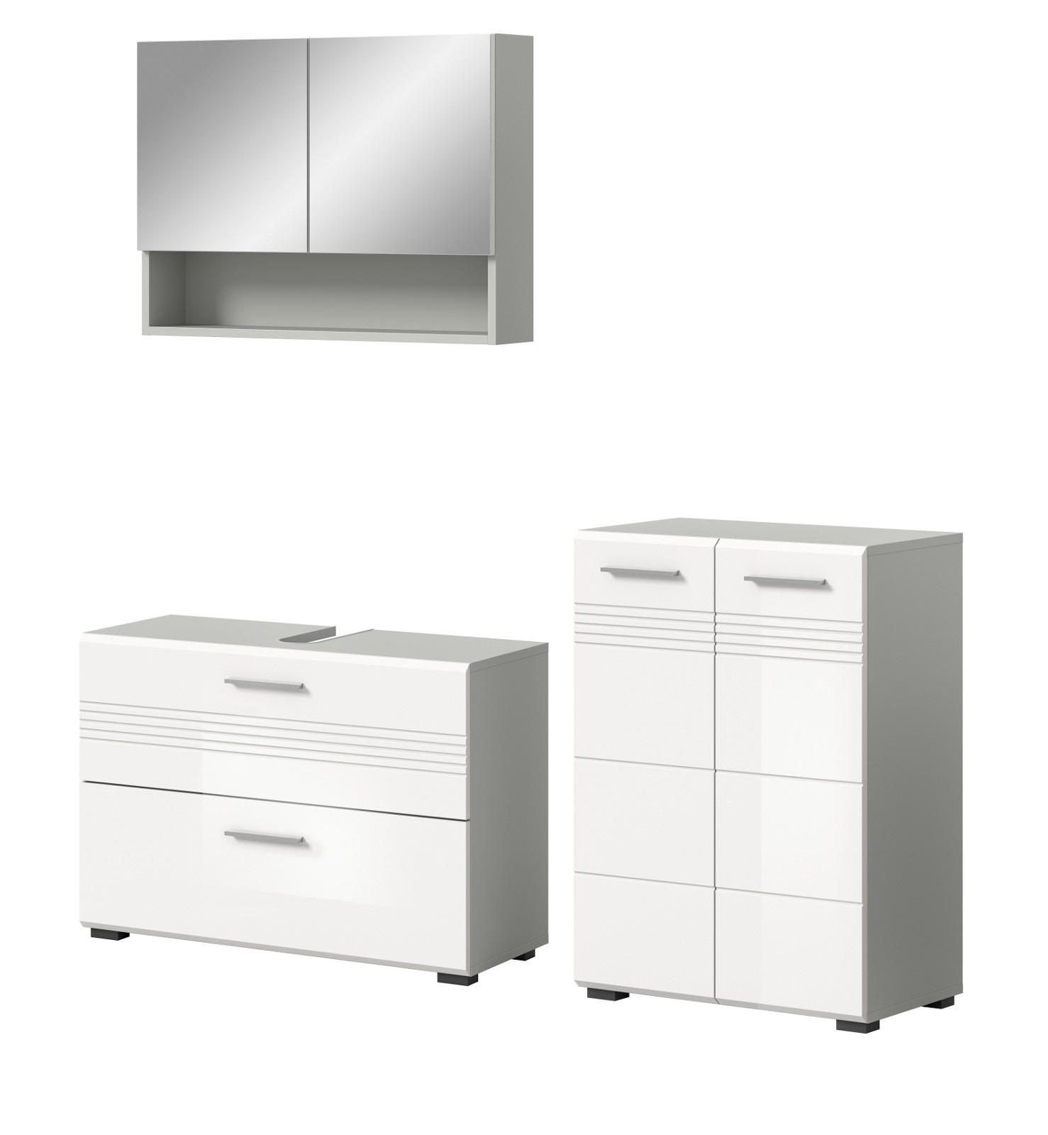 BADMÖBEL-SET 3-teilig weiß Hochglanz, grau 155 cm, Komplettset mit Soft-Close - Weiß Hochglanz/Grau, Glas/Holzwerkstoff (155/190/32cm) - Inn.Furn