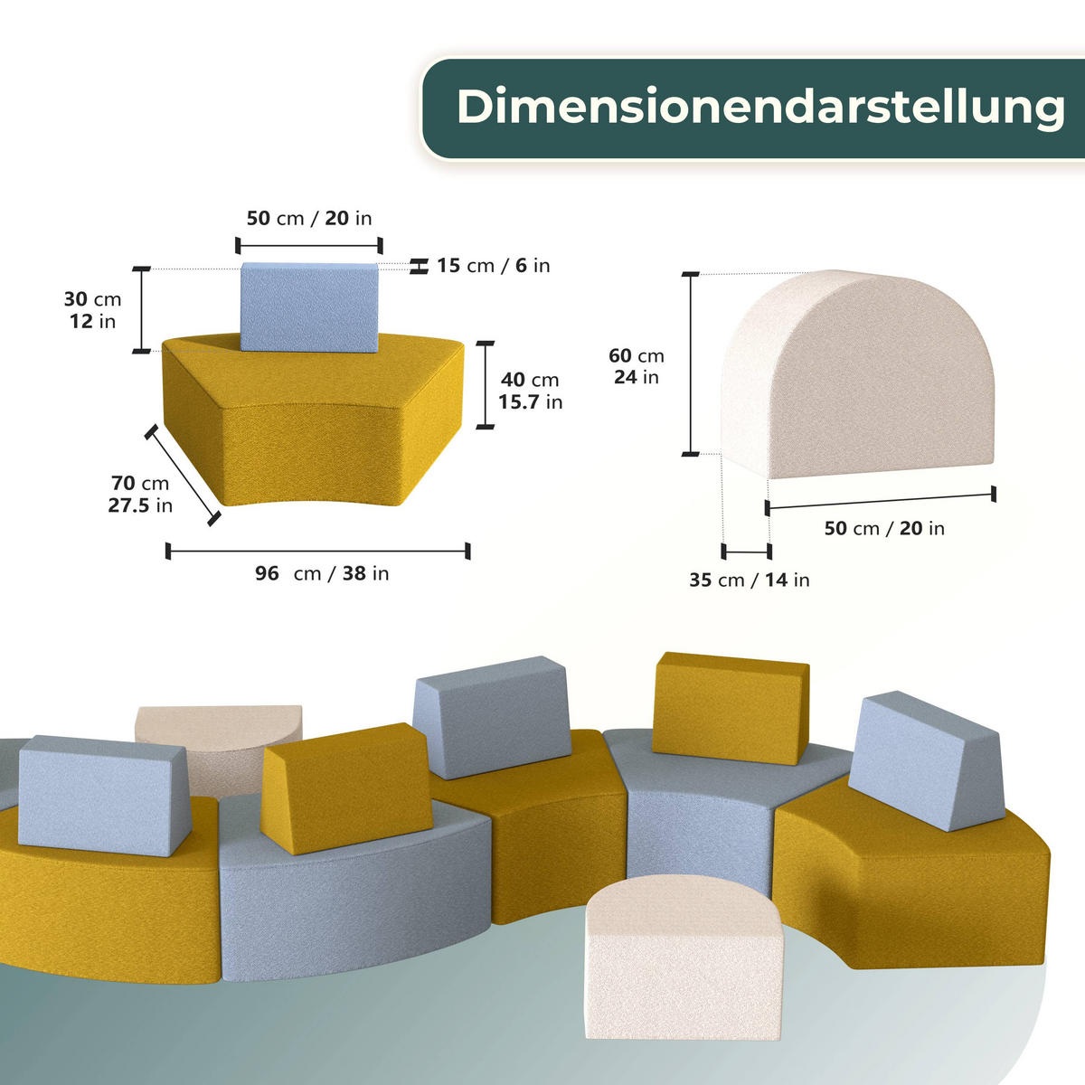 SOFA Geschwungenes kombinierbar zweifarbig - Gelb/Hellblau, Textil (96/40/70cm) - Vercart