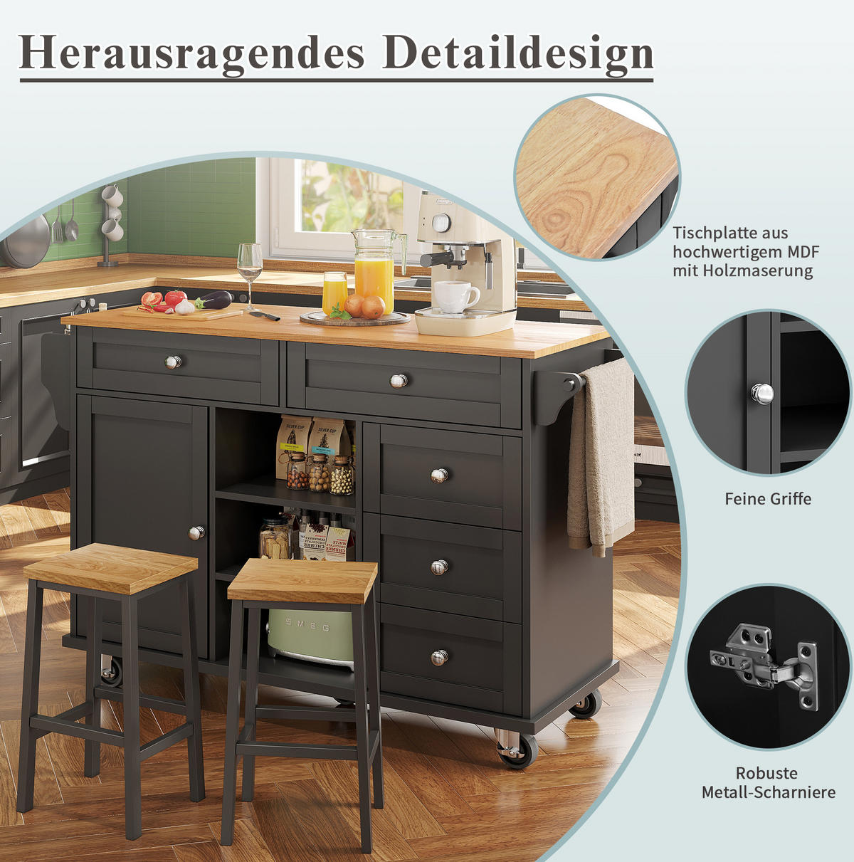 KÜCHENWAGEN aus MDF mit Schubladen & Fächern, 134/46/92 cm, Schwarz - Schwarz, Holzwerkstoff (134/92/46cm) - Redom