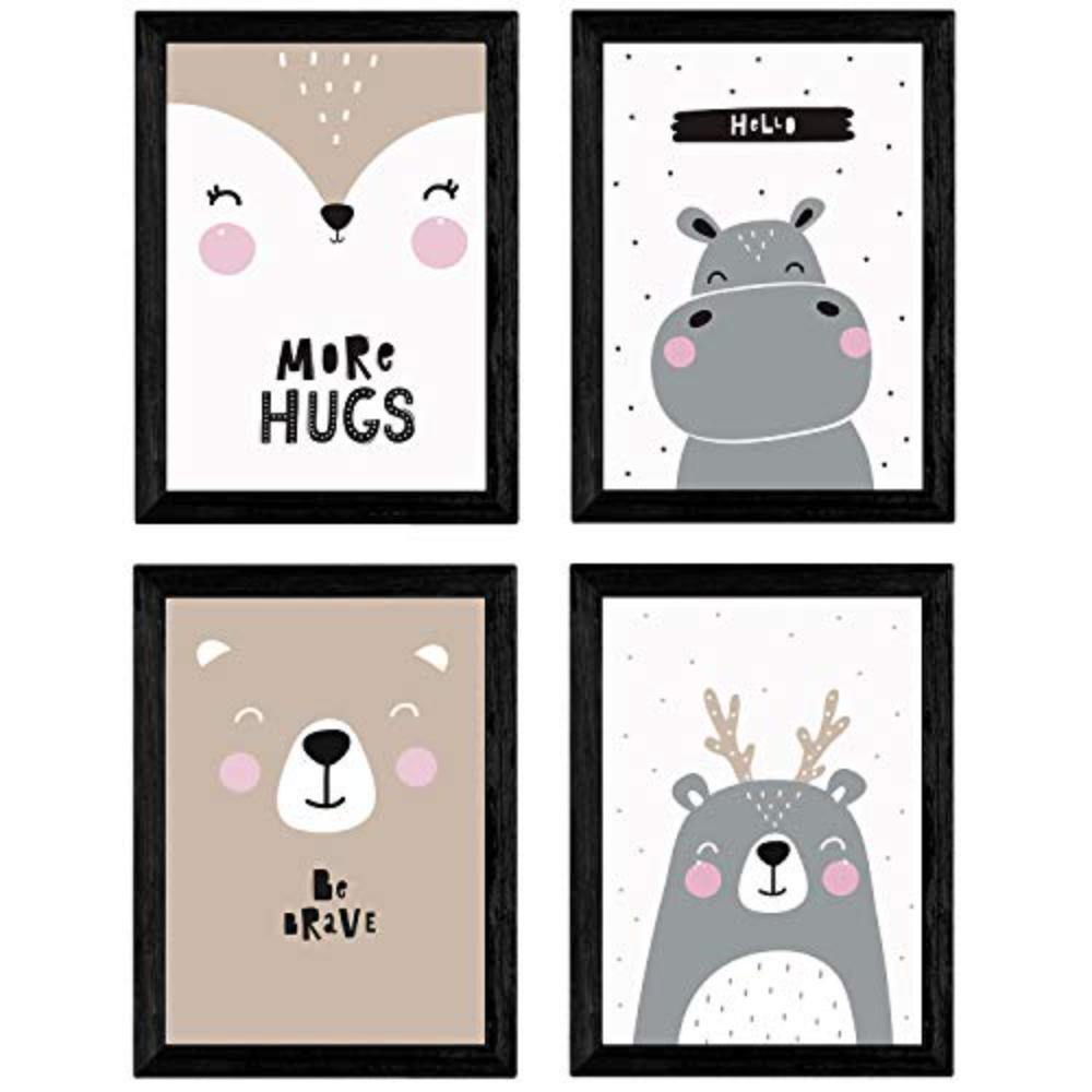 POSTER Set mit 4 Bär, hipopotamo und Kaninchen Tiere A4 Schwarzer Rahmen - Schwarz, Papier (29.7/3cm) - Nacnic