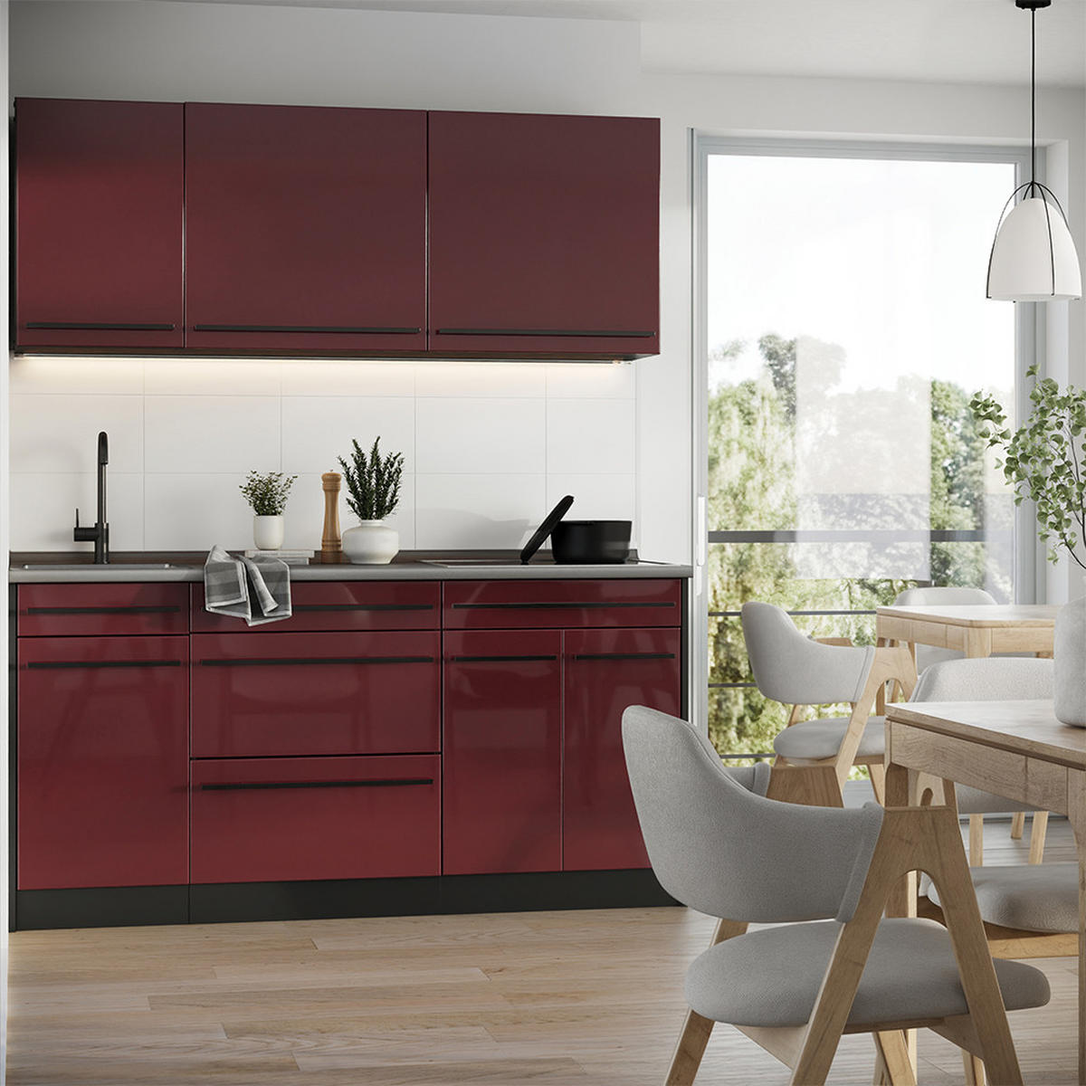 SINGLEKÜCHE R-Line, Rot Hochglanz/Anthrazit, 160 cm ohne Arbeitsplatte - Anthrazit/Rot, Holzwerkstoff (160/81.6/46cm) - Vicco