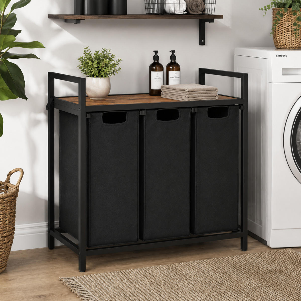 WÄSCHEKORB Metall Schwarz 3 herausnehmbare Wäschesäcke 114 Liter 92,5x33x71 cm - Dunkelbraun/Schwarz, Holzwerkstoff/Textil (92.5/71/33cm) - Begryf
