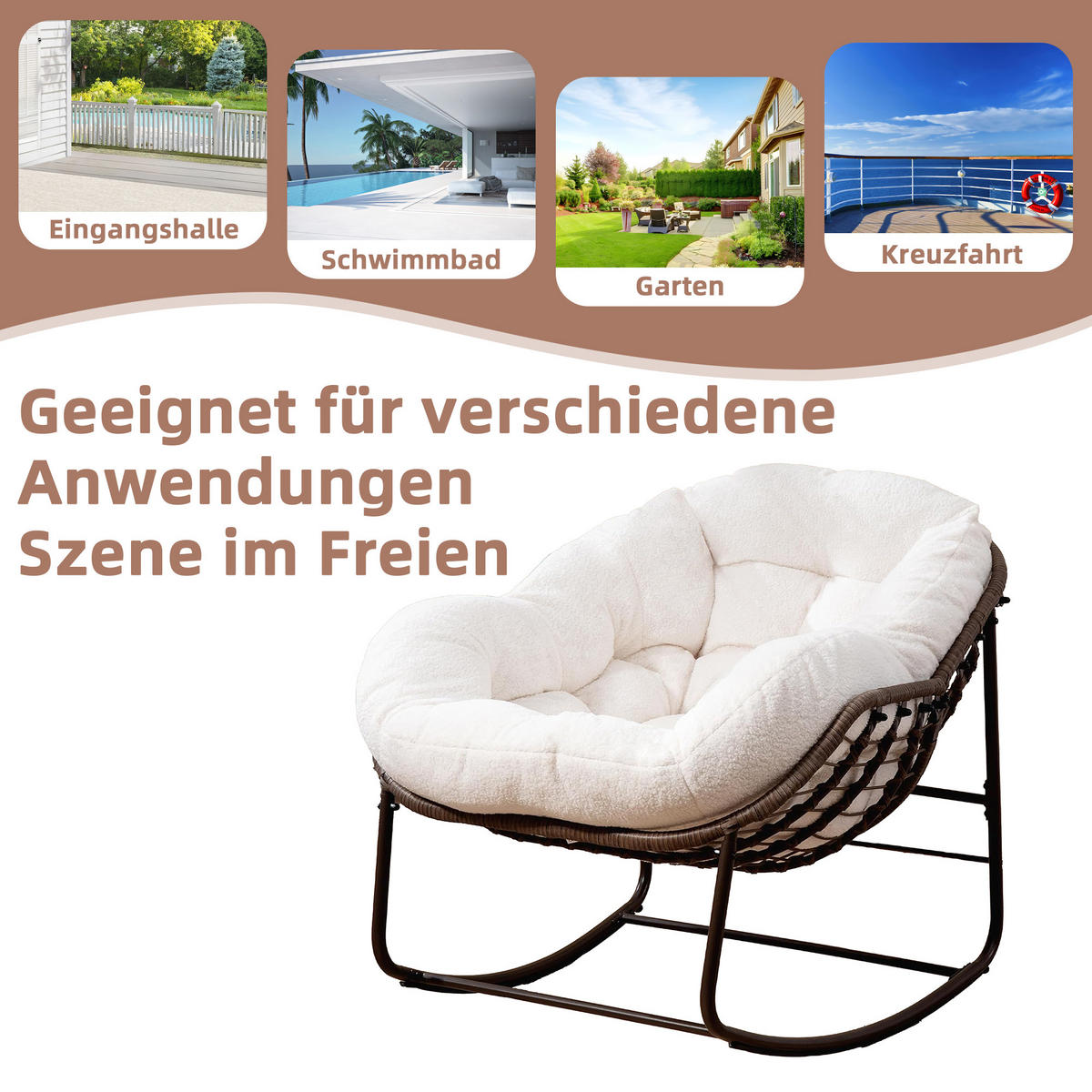 SCHAUKELSTUHL Schaukelsessel Garten,Rattanstuhl mit Stahlrahmen,Weiß-Fleece - Weiß, Metall (94.5/80/111cm) - LVHOM