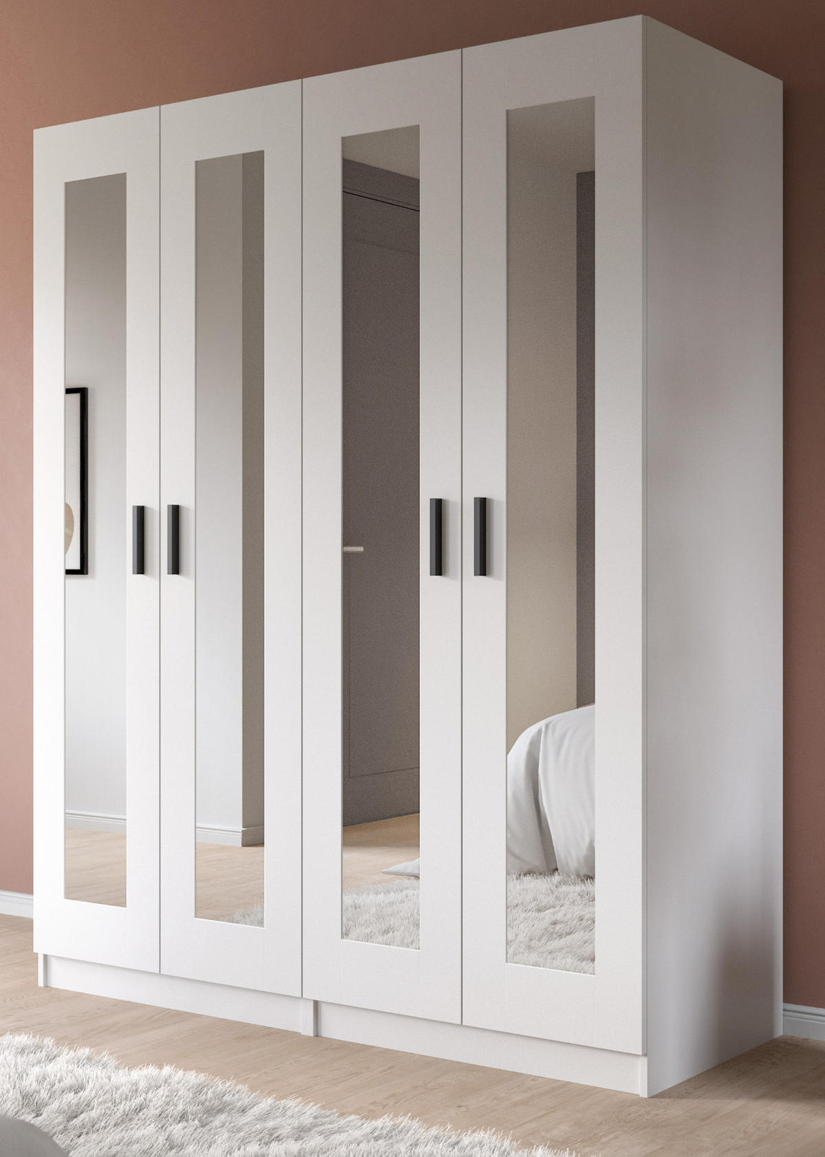 KLEIDERSCHRANK in weiß 160 x 194 cm skandinavisch, Drehtürenschrank 4-türig mit Spiegel - Schwarz/Weiß, Glas/Holzwerkstoff (160/194/56cm) - Inn.Furn