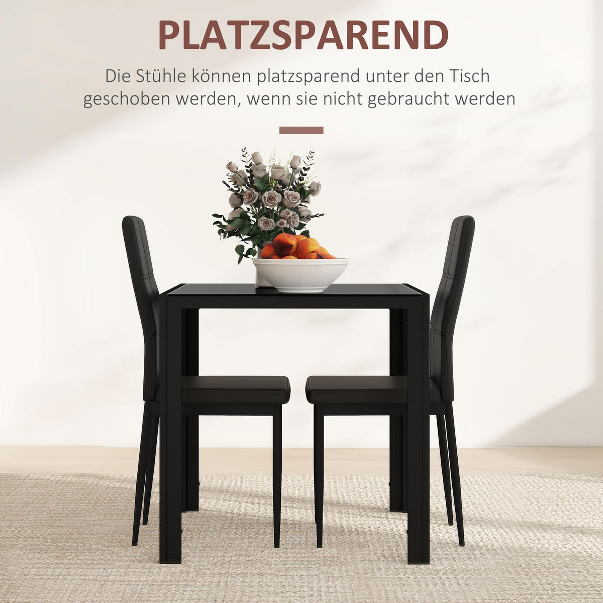 ESSGRUPPE mit 1 Tisch und 2 Stühlen Schwarz 75.0/75.0/75.0 cm - Schwarz, Glas (75/75/75cm)