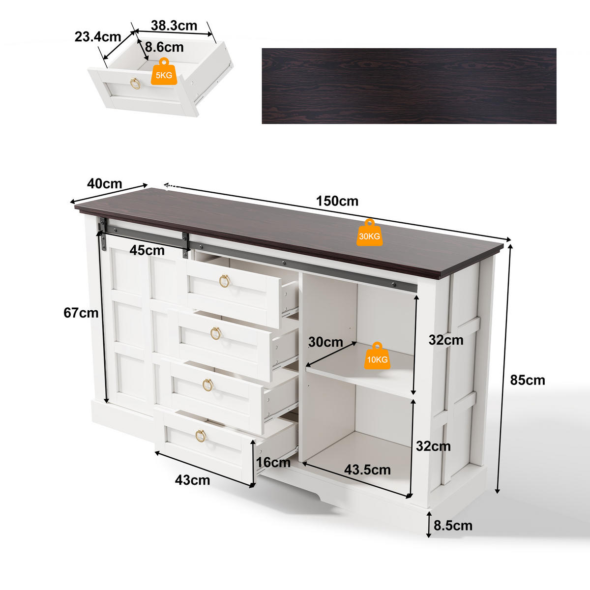 SIDEBOARD 150/40/85 cm Weiß aus MDF mit Schiebetüren - Weiß, Holzwerkstoff (150/85/40cm) - OKWISH