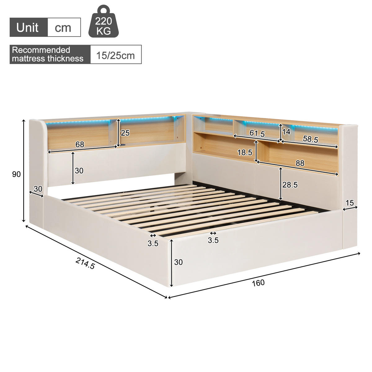 POLSTERBETT 140/190 cm in Beige Samt mit Bettkasten, LED und USB/Type-C - Beige, Holzwerkstoff/Textil (140/190cm) - WISHDOR