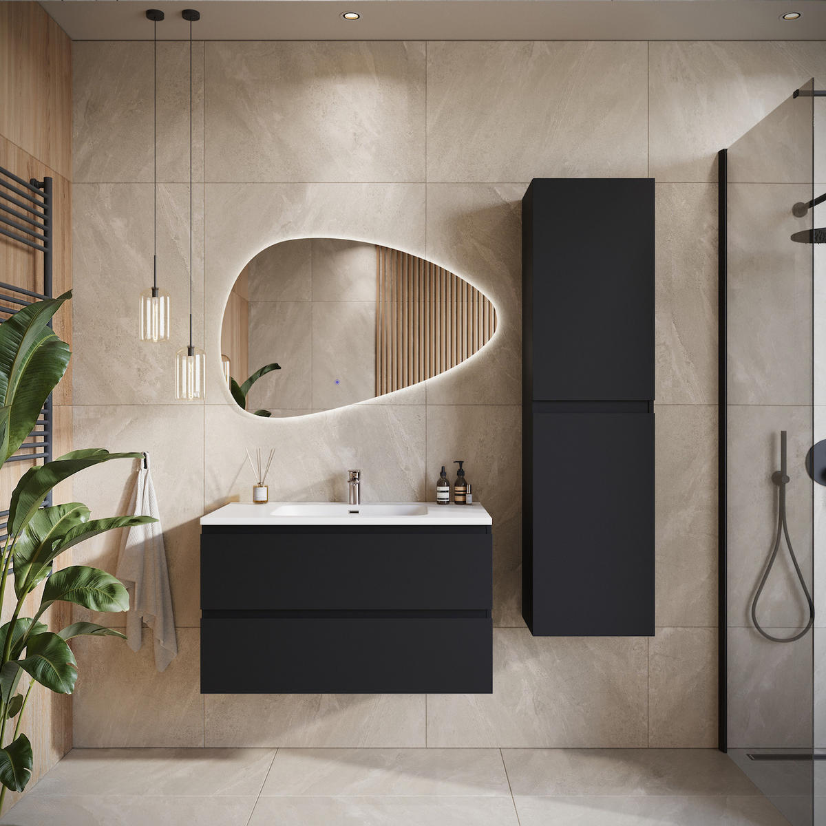 WASCHTISCHKOMBI Angela 2 Teile - Schwarz Matt - 80 x 48 x 52 cm - Schwarz/Weiß, Holz (80/52/48cm) - Badplaats