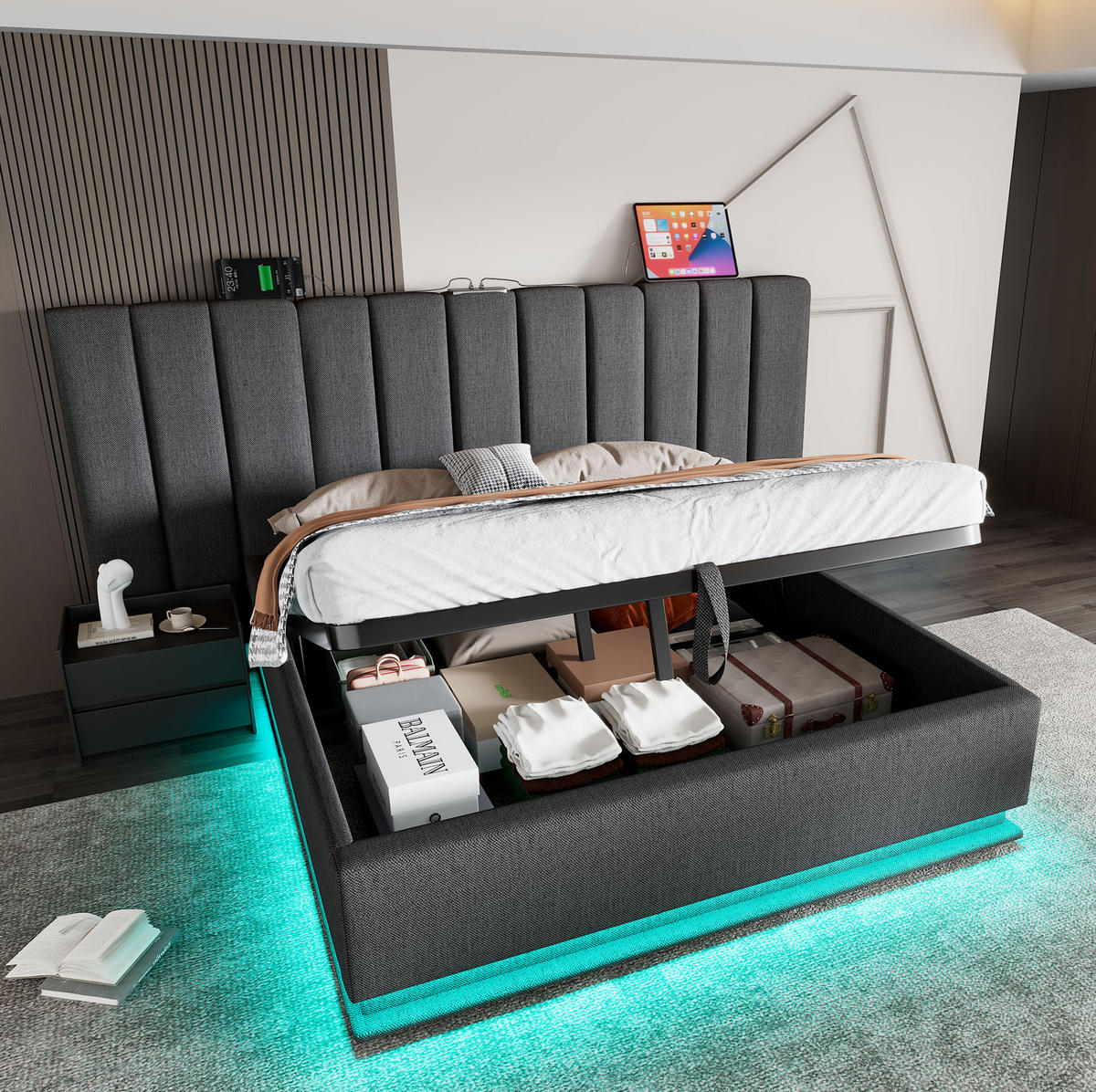 POLSTERBETT 180/200 cm mit hydraulischem Bettkasten, 360° LED & USB/USB-C, Grau - Grau, Textil (180/200cm) - Redom