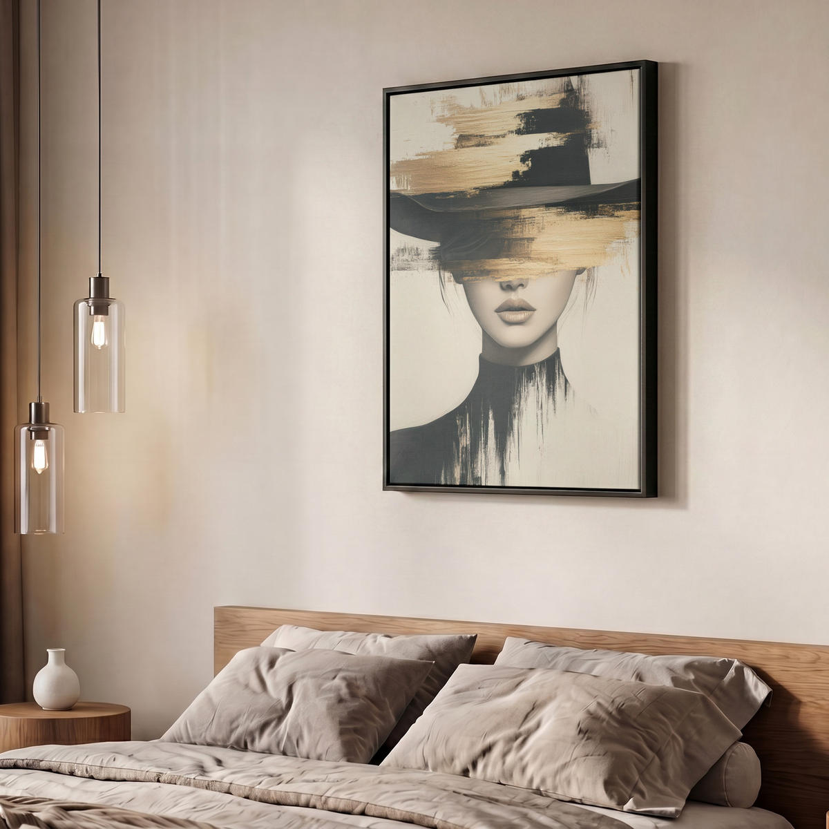 LEINWAND Bilder mit Rahmen - Frau - Hut - Farbe - 50x70 - Goldfarben, Textil (50/70cm) - MuchoWow