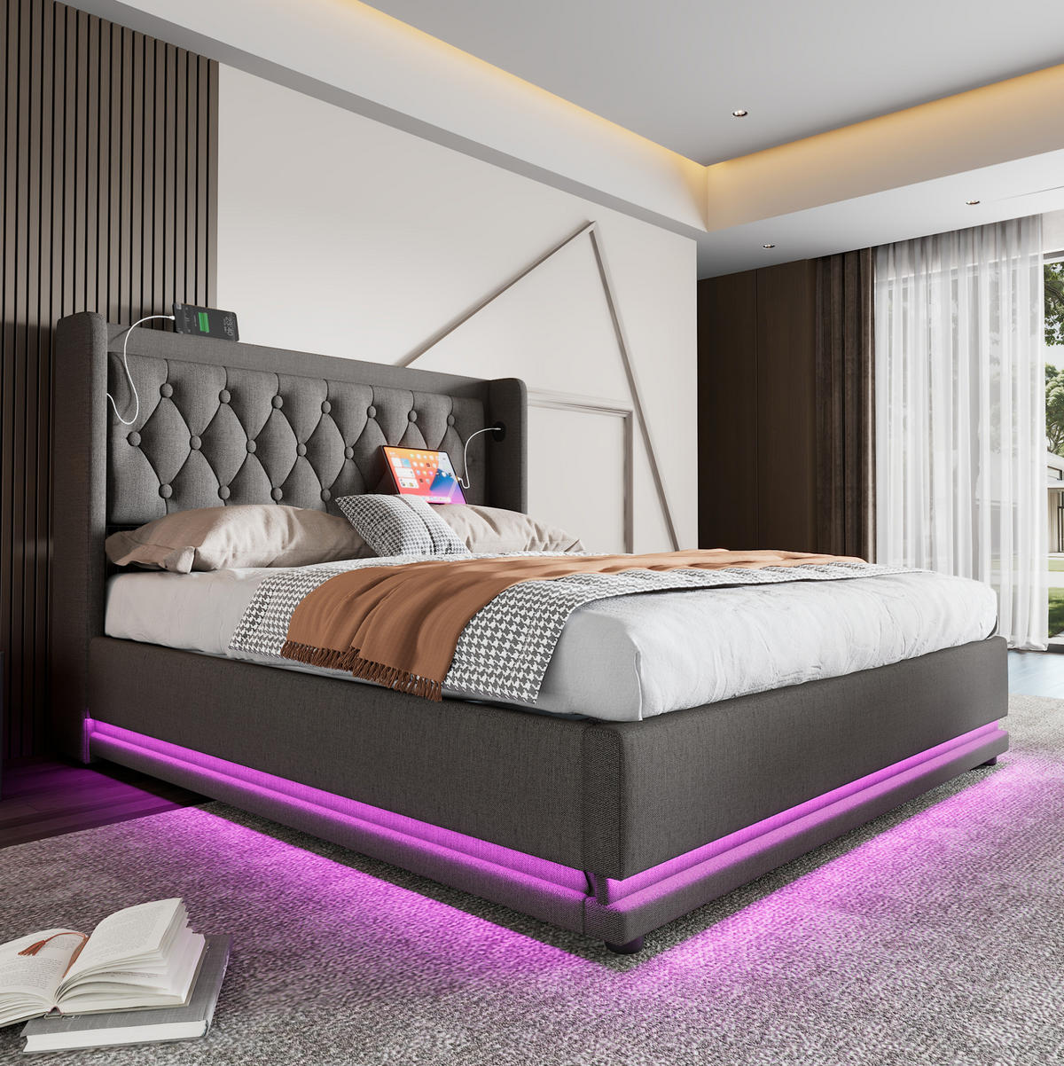POSTEL s úložným prostorem 180/200 cm šedá z bavlny s USB-C nabíjením, LED a čalouněným čelem - šedá, textil (180/200cm) - OKWISH