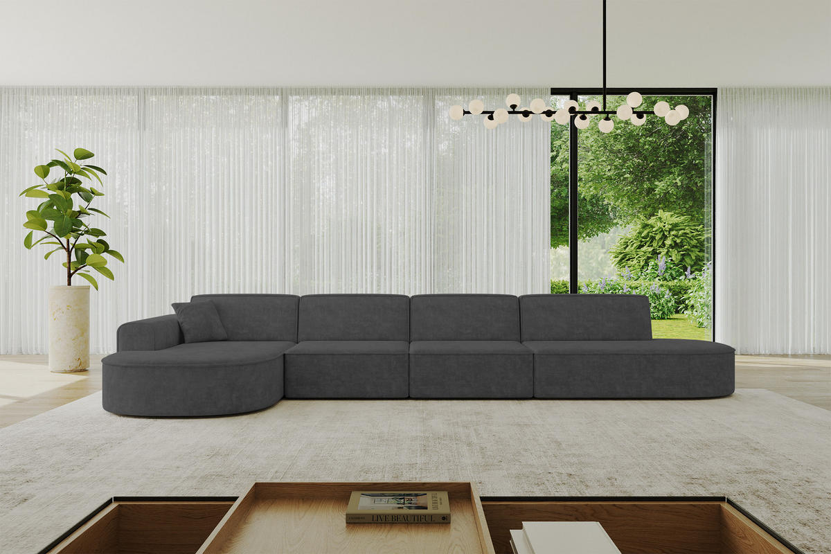 ECKSOFA Ottomane Links MARI-L3 - 413x171x79 cm Dunkelgrau Velours - Dunkelgrau/Schwarz, Holzwerkstoff/Kunststoff (413/171cm) - ALTDECOR