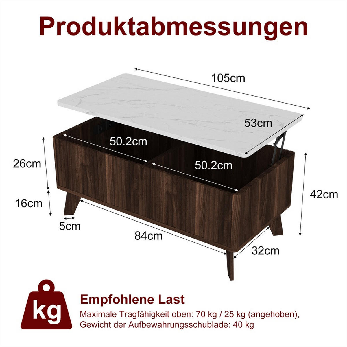 COUCHTISCH in weißer Marmoroptik - Couchtisch Rechteckig mit Lift-Funktion Stauraum und Holzbeinen - Walnuss - Walnussfarben, Holzwerkstoff (53/105/42cm) - DELFA