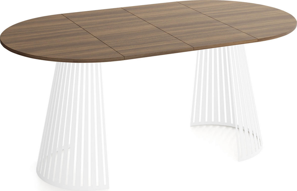 ESSTISCH Naro rund ausziehbar mit Weißem Lamellen-Metallgestell, Walnuss Braun 100-180/100/76 cm - Walnussfarben/Weiß, Holzwerkstoff/Metall (100/100/76cm) - WFL GROUP