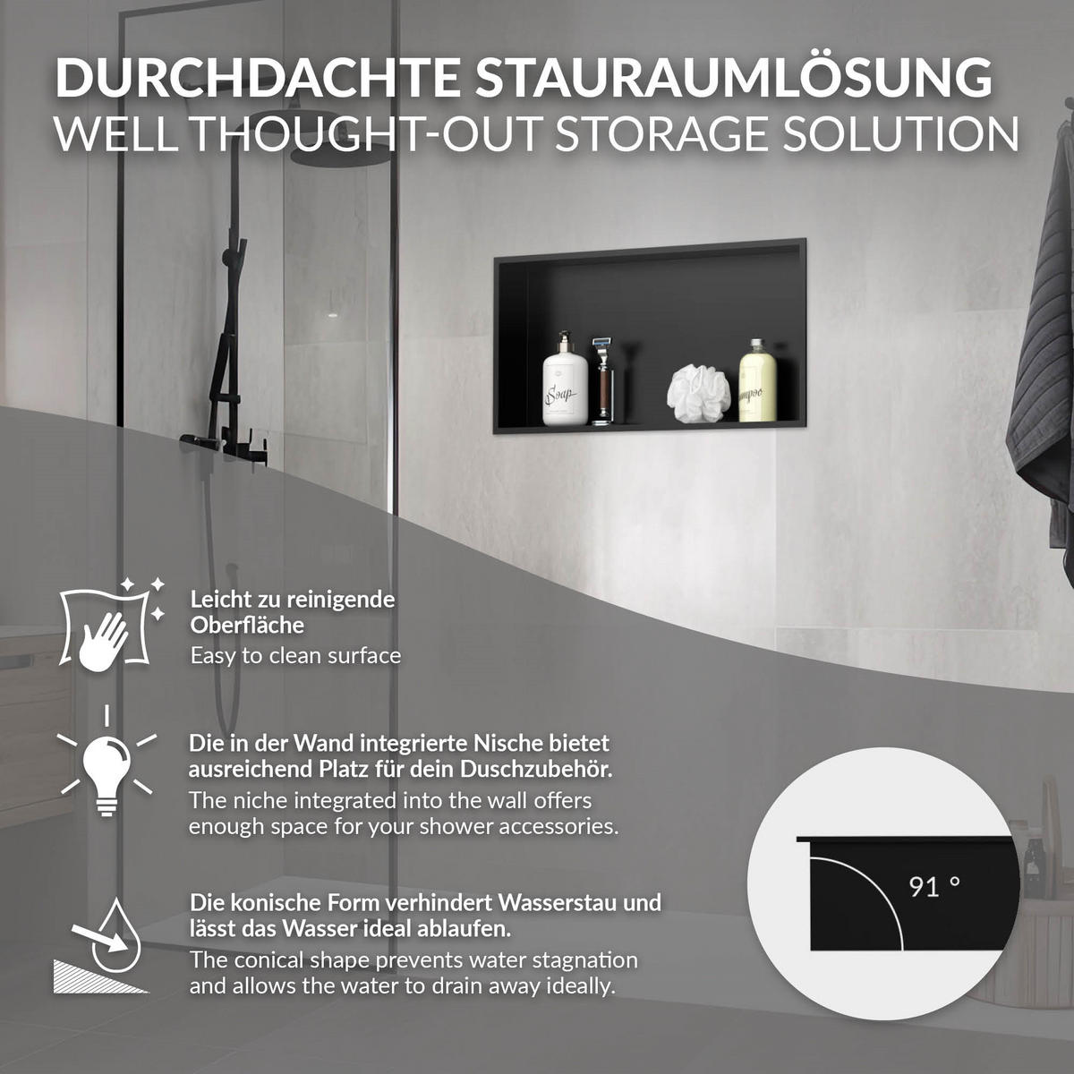 DUSCHNISCHE Schwarz 60/30 cm - Schwarz, Metall (60/30/10cm) - LuxeBath