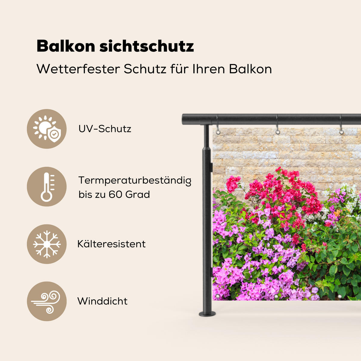 BALKON-SICHTSCHUTZ Blumen - Pflanzen - Blätter - Steine - Pink, Kunststoff (200/110cm) - MuchoWow