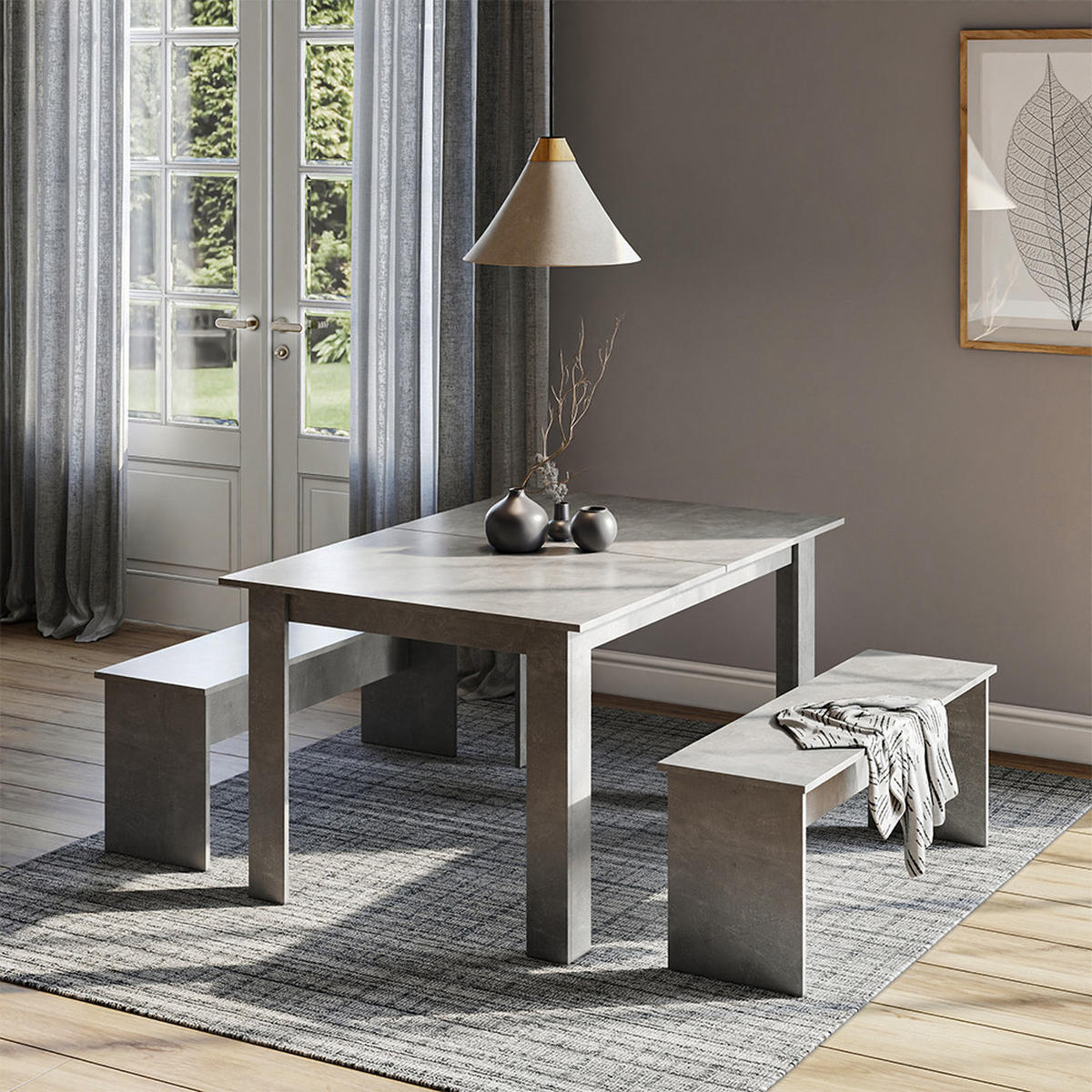 ESSTISCH SET Sentio Beton 137.6 x 92.8 cm mit 2 Bänken - Grau, Holzwerkstoff (137.6/73/92.8cm) - Vicco