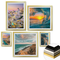 WANDBILDER 5er Set - 50x50 cm & 20x30 cm & 40x60 cm Goldrahmen - Meereswellen, weiße Häuser, Santorini - Goldfarben, Kunststoff (40/60cm) - ArtPrintCave