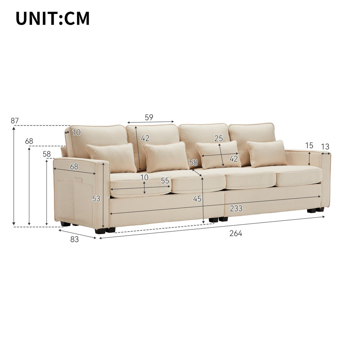 SOFA z ľanovej látky 264x83x87 cm béžová s opierkovými vreckami a 4 vankúšmi - béžová, textil (264/87/83cm) - Modfu