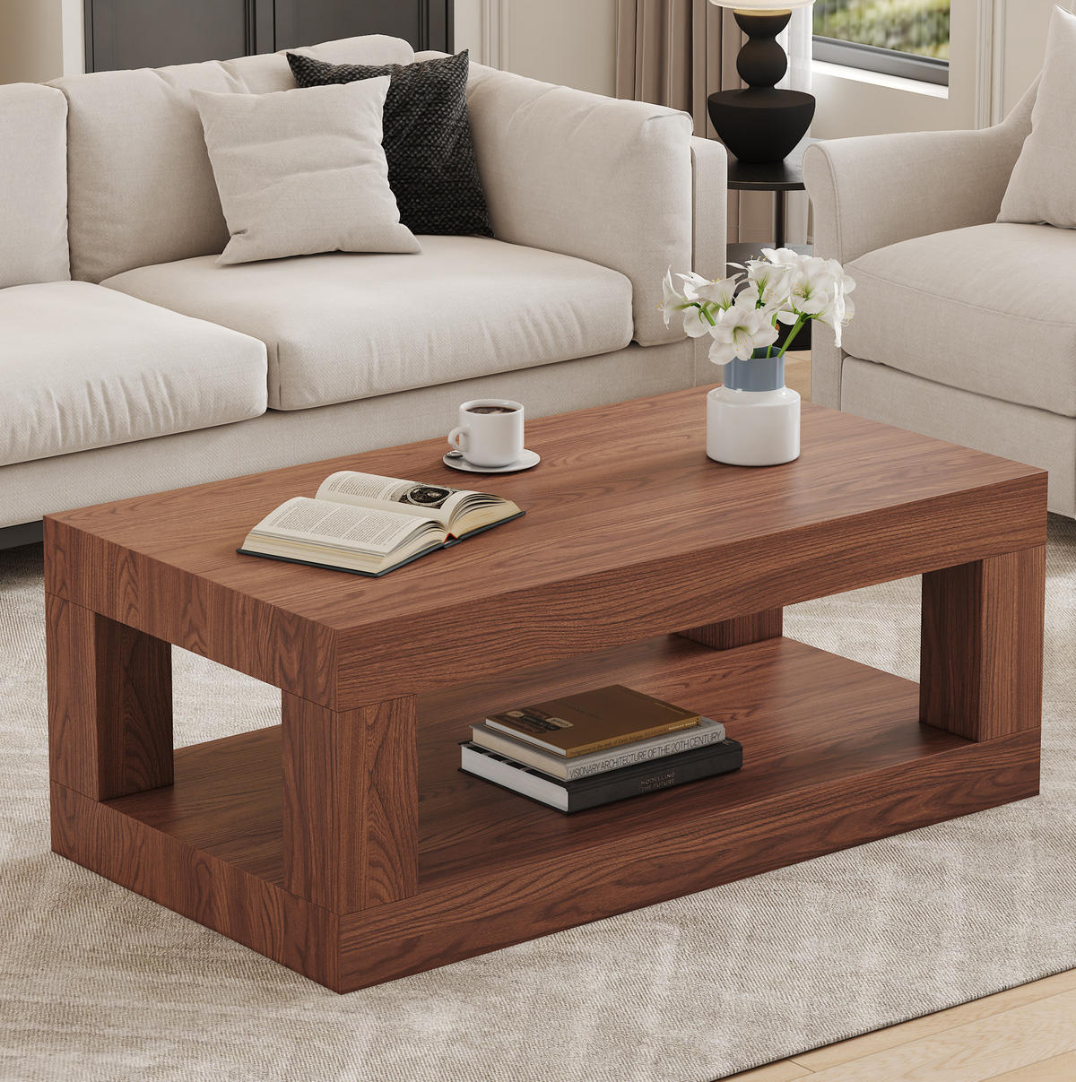 COUCHTISCH aus MDF in Walnuss 93x53x46 cm mit offenem Ablageregal - Walnussfarben, Holzwerkstoff (93/53/46cm) - Modfu