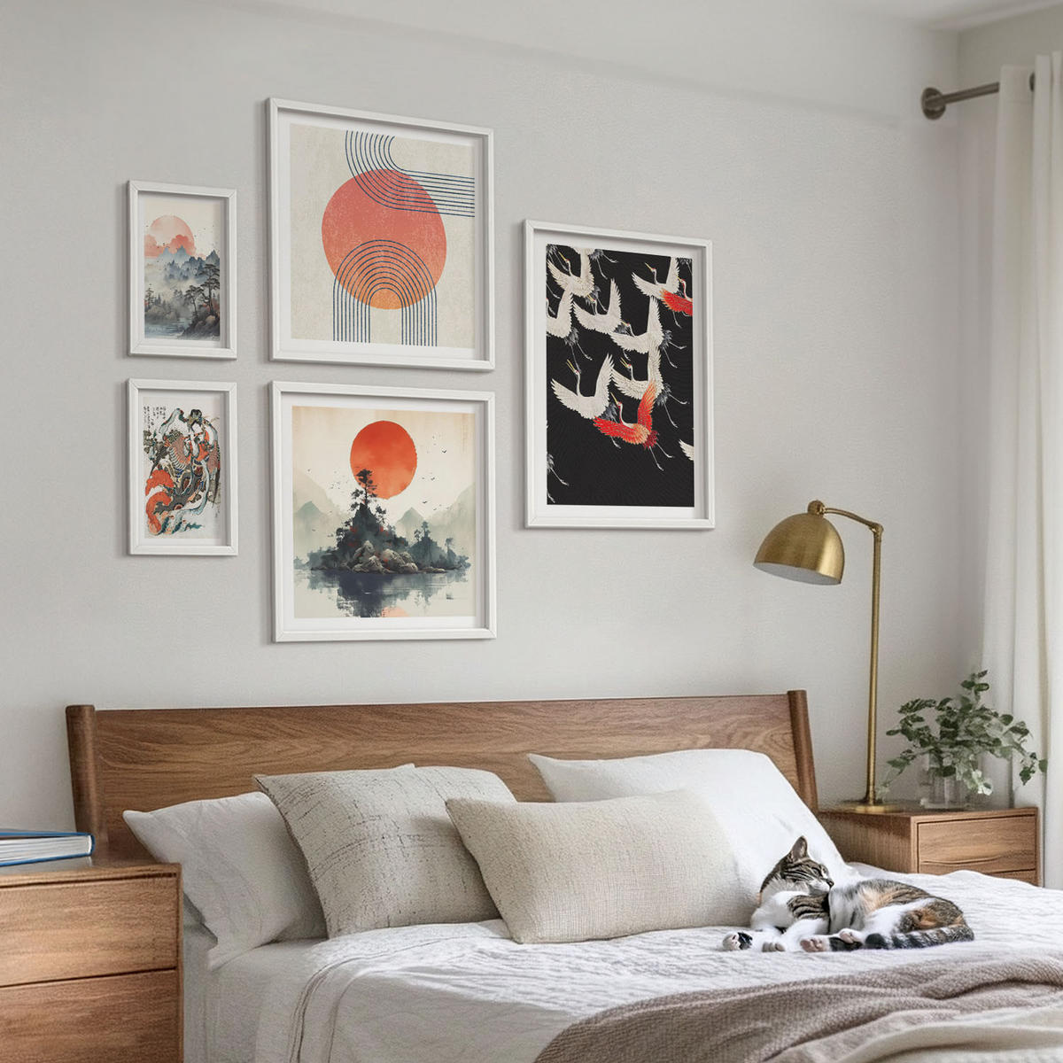 WANDBILDER 5er-Set - 50x50 cm & 20x30 cm & 40x60 cm Weißer Rahmen - Asiatische Landschaften Japandi - Weiß, Kunststoff (40/60cm) - ArtPrintCave