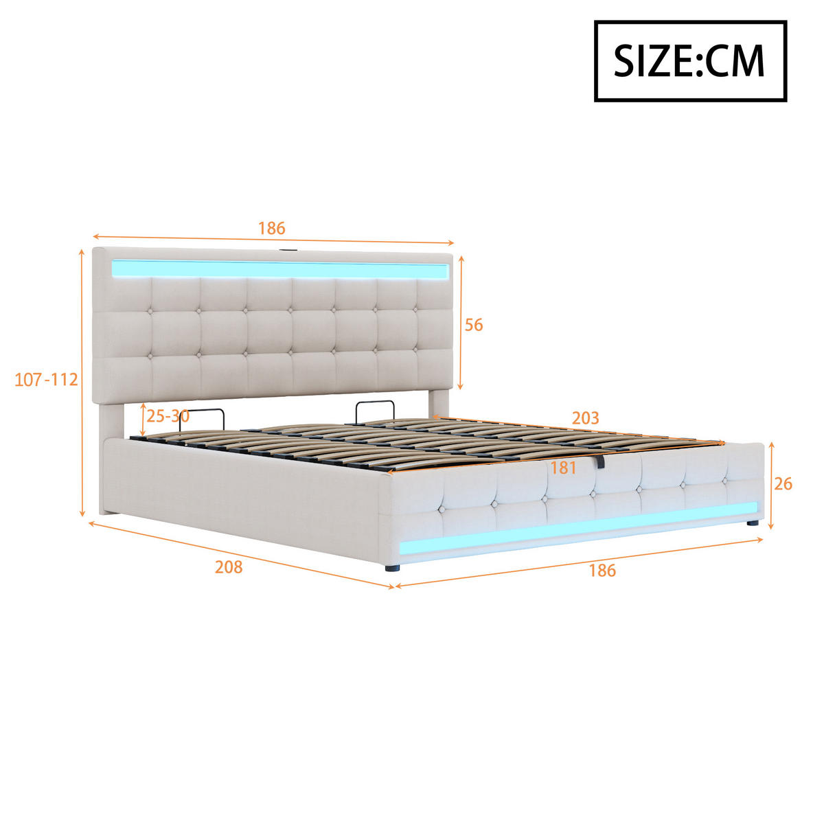 POLSTERBETT 180/200 cm Beige mit LED-Beleuchtung und USB-Anschlüssen - Beige, Textil (180/200cm) - OKWISH