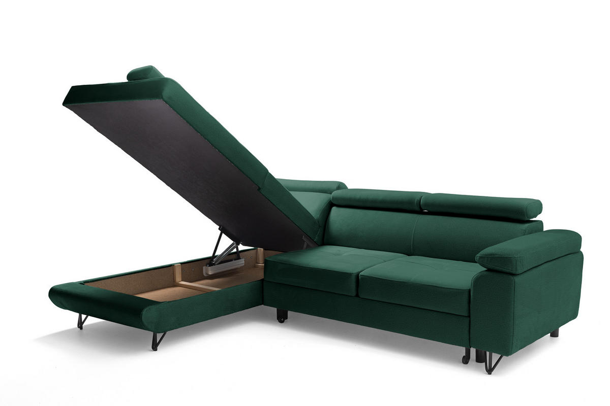 ECKSOFA JUNIOR L Links mit Schlaffunktion 194x128 Velours Dunkelgrün - Dunkelgrün/Schwarz, Holz/Textil (249/184cm) - Muffo
