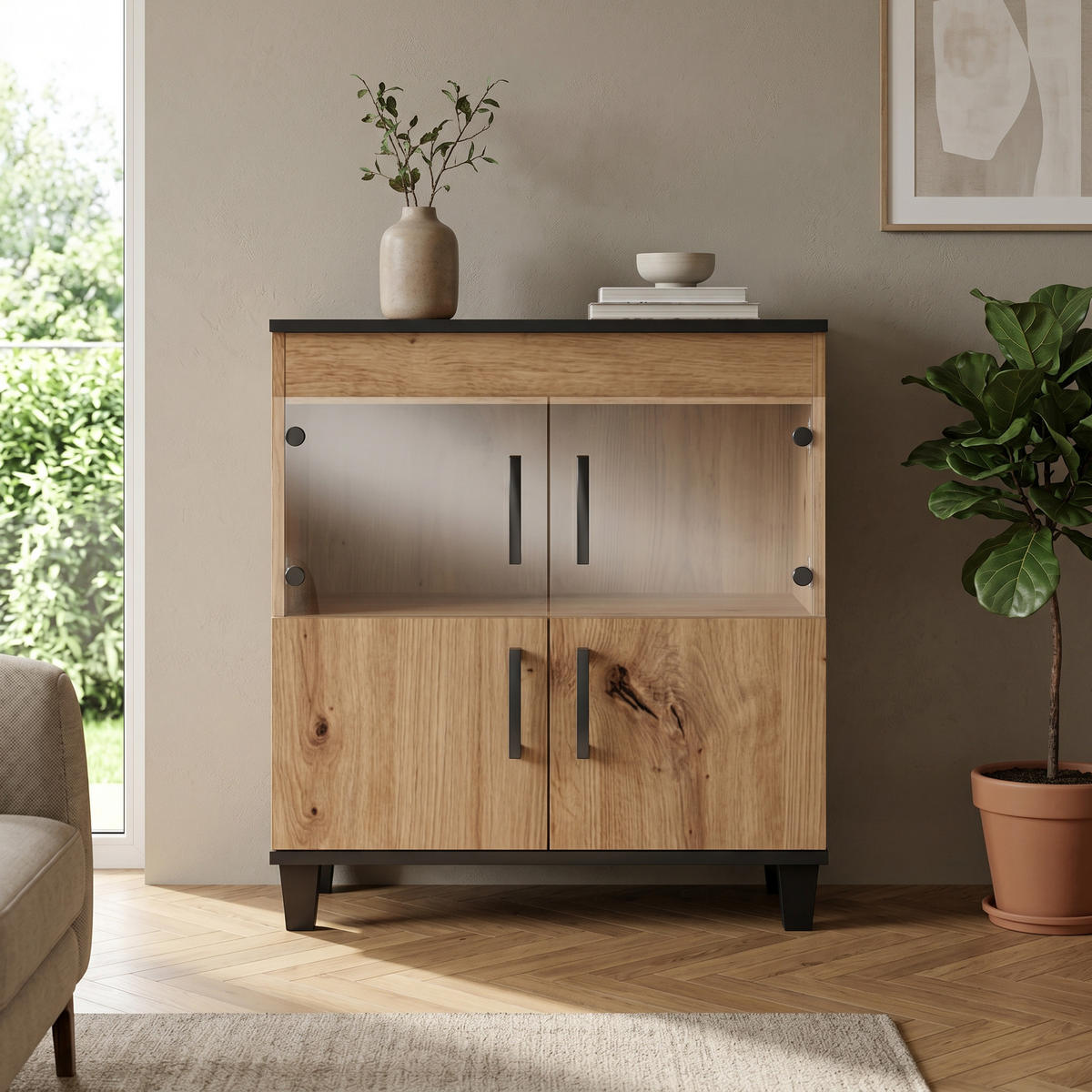 KOMMODE CORTEZA 80/90/40cm mit 4 Türen Eiche Artisan - Eiche Artisan, Holzwerkstoff (80/90/40cm) - MASSENO