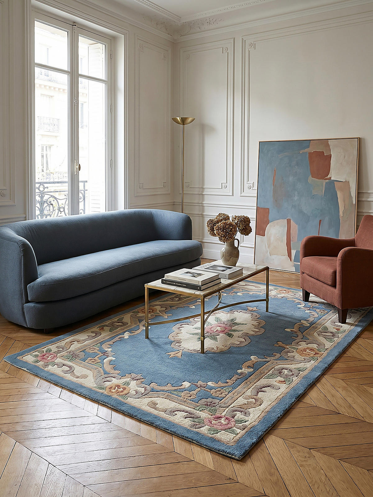 WOLLTEPPICH Aubusson-Muster handgeknüpft BEAULY, Blau-Beige 120x180 cm - Blau, Textil (180/120cm) - KADIMA DESIGN