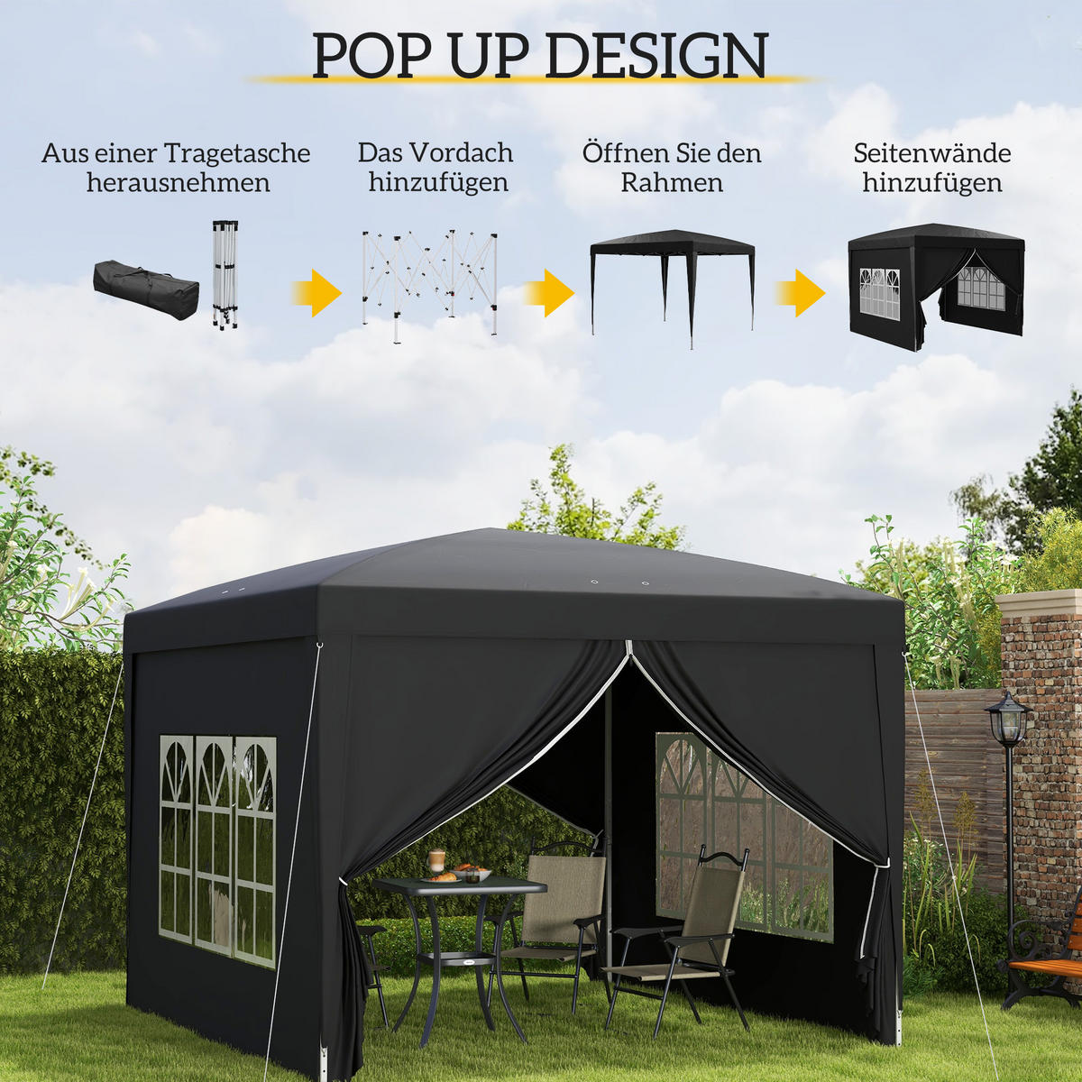 PAVILLON mit 4 Seitenwänden, Oxfordstoff, Stahl, Schwarz - Schwarz, Kunststoff (295/258/295cm) - Outsunny