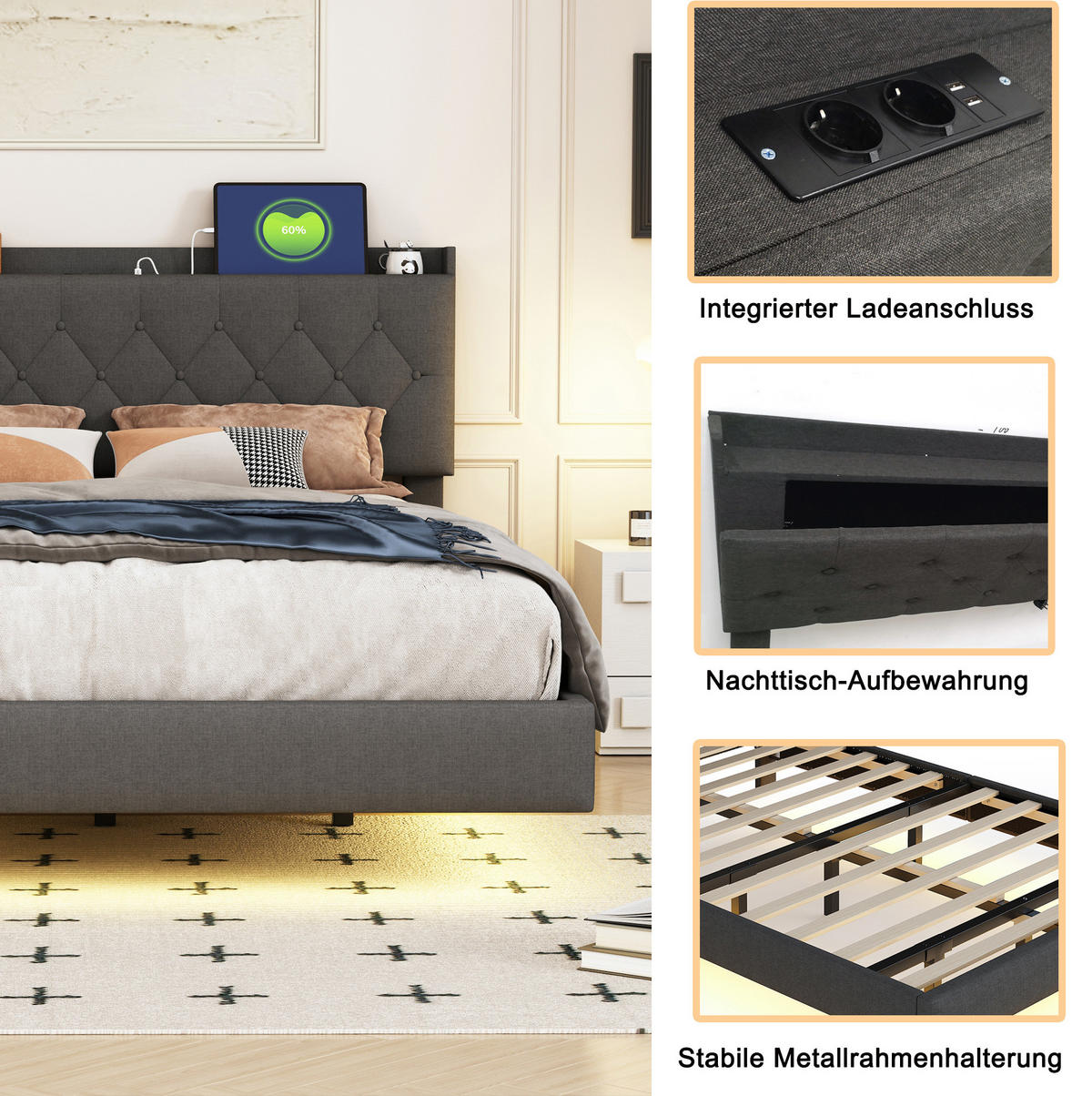 ČALOUNĚNÁ postel 160/200 cm šedá s LED osvětlením, USB a úložným prostorem - šedá, textil (160/200cm) - BEAOK