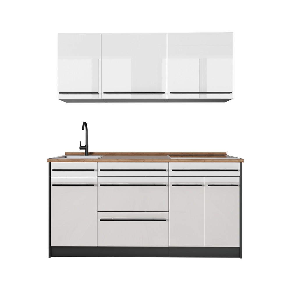 SINGLEKÜCHE R-Line, Weiß Hochglanz/Anthrazit, 160 cm Arbeitsplatte Goldkraft Eiche - Weiß Hochglanz/Anthrazit, Holzwerkstoff (160/81.6/60cm) - Vicco