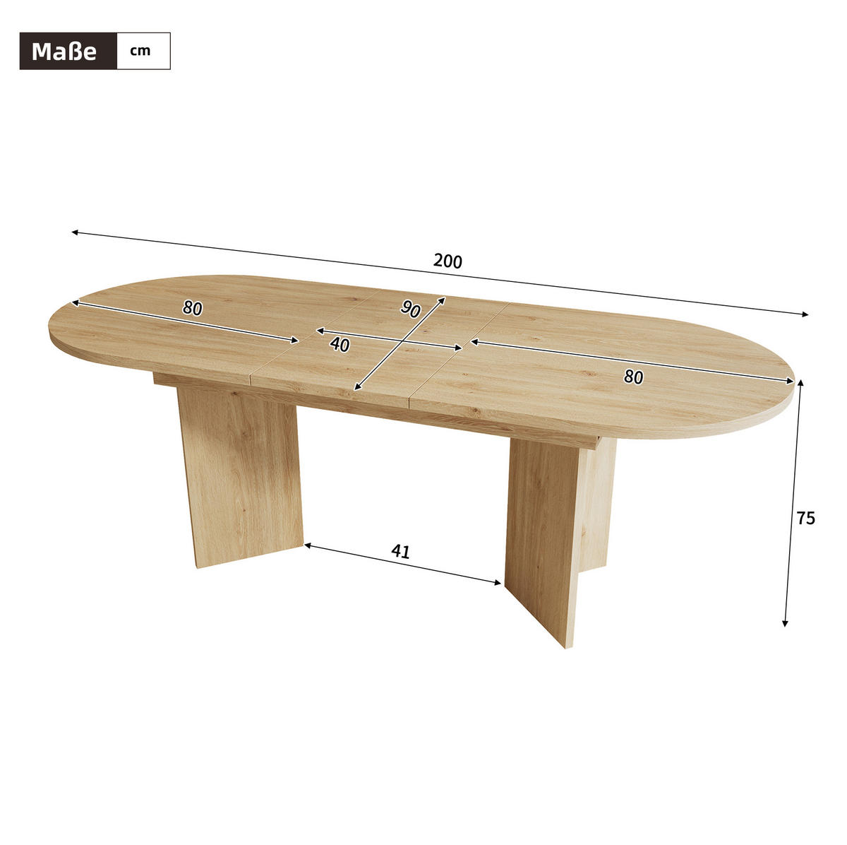 JEDILNA miza 160/200/90 cm z raztegljivim sistemom, 18 mm debela plošča in zaobljeni robovi, Hrast - barve hrasta, leseni material (200/90/75cm) - Redom
