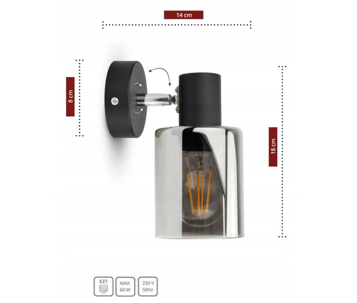 WANDLEUCHTE TUBE - Transparent/Schwarz, Glas/Metall (14/18/10cm) - kiki design