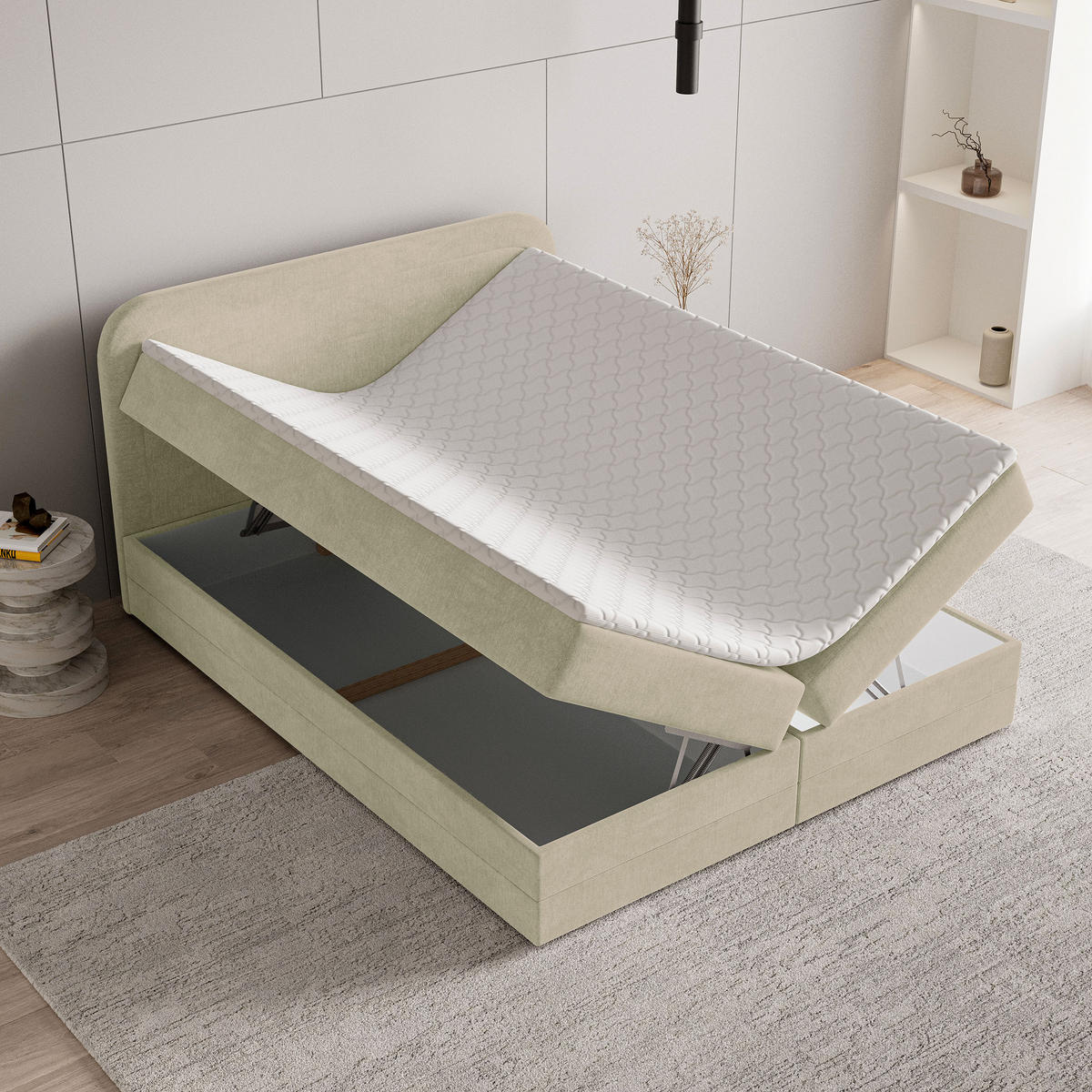 BOXBETT ARMEL 140x200 cm mit Matratze und Topper - Creme - Creme, Holz (140/200cm) - MASSENO