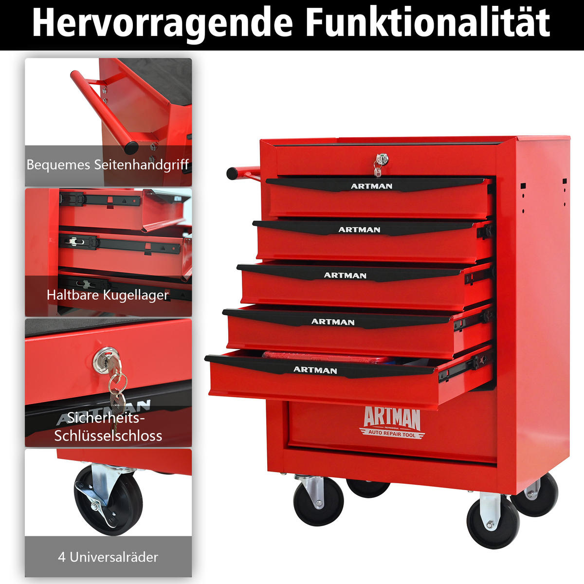 KOMBINATIONS-WERKZEUGKASTEN – 6 Schubladen, 508 mm (20 Zoll), mit 6 Schubladen, Farbgebung in Rot und Schwarz. - Multicolor, Metall (33/77.5/60cm) - DCA