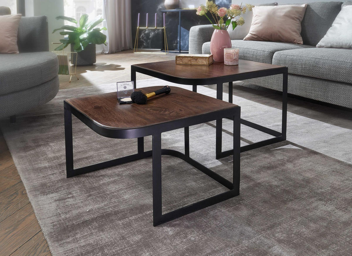 BEISTELLTISCH 2er Set Mango Massivholz Eisen Abgerundete Ecken TIMAVO, Schwarz - Schwarz, Holz/Metall (60/60/40cm) - KADIMA DESIGN