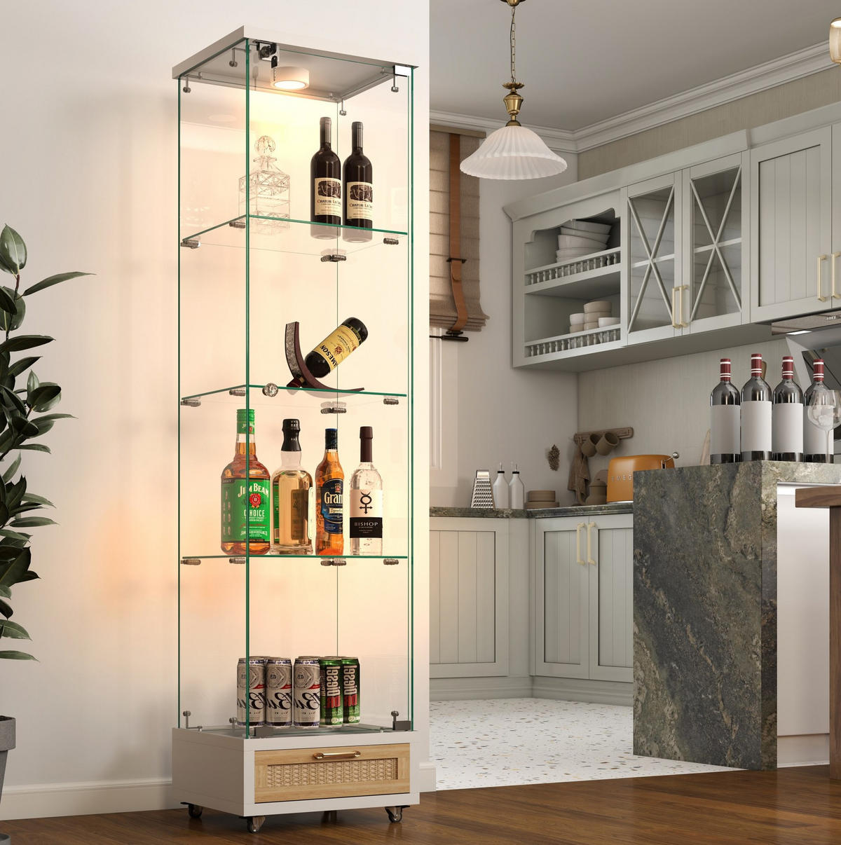 VITRINE 42.5/36.5/167 cm Weiß aus MDF und Glas mit LED-Beleuchtung - Weiß, Holzwerkstoff (36.5/167/42.5cm) - OKMYHOME
