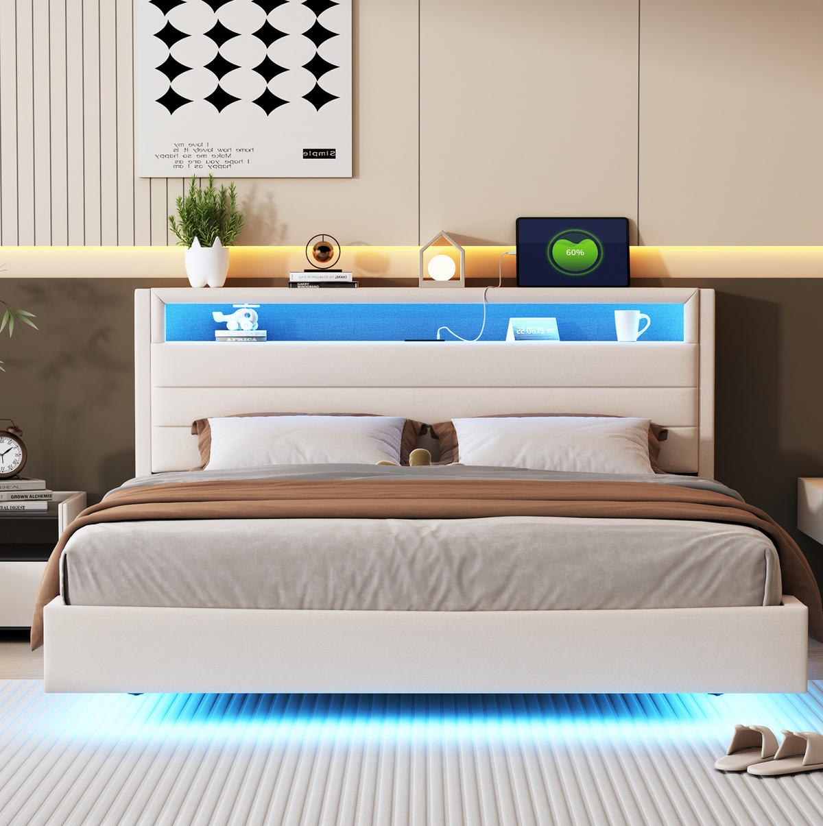 ČALÚNENÁ posteľ z látky 160x200 cm béžová s USB zásuvkou, LED osvetlením a úložným čelom - béžová, textil (160/200cm) - Modfu